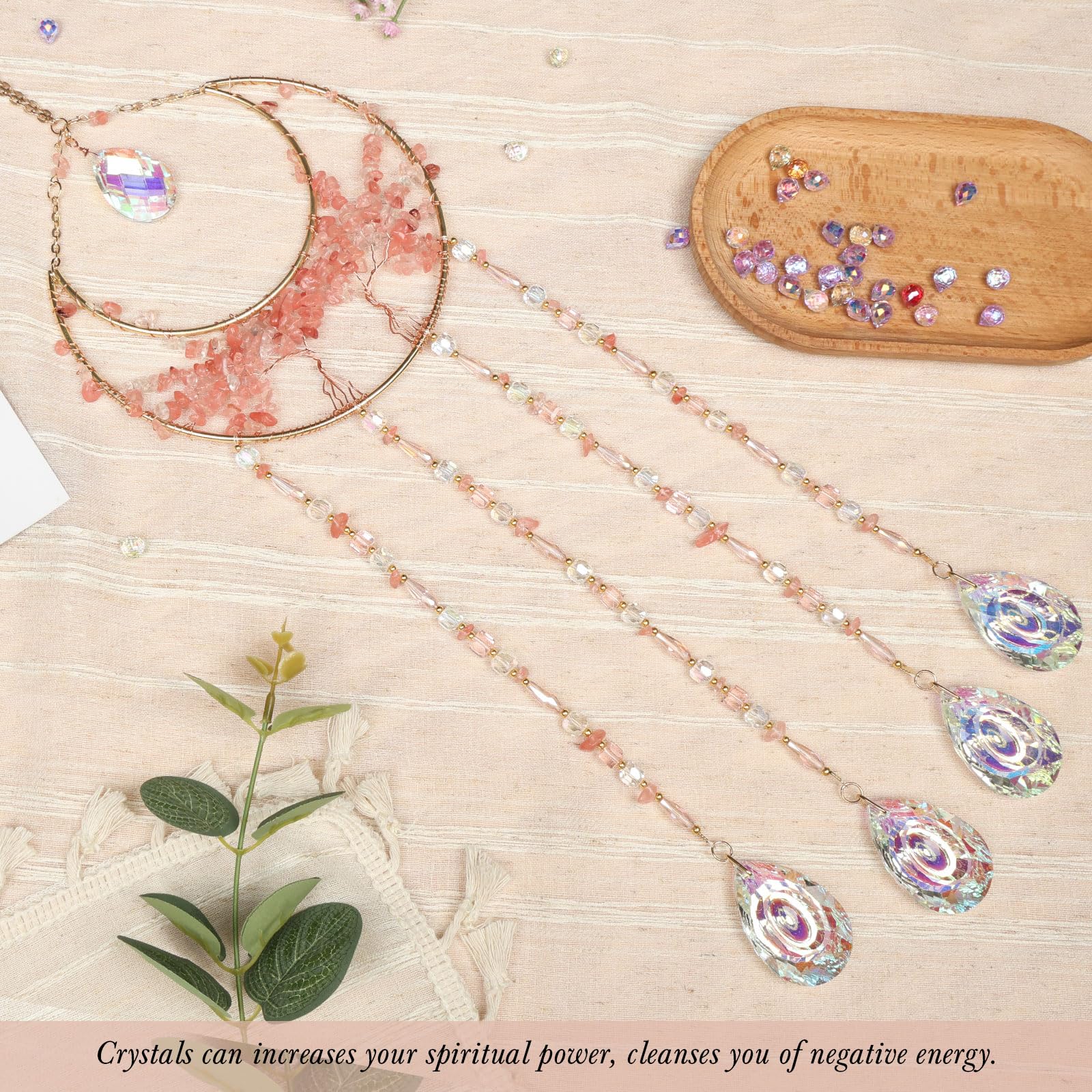 Acchiappasogni a forma di luna grande, con pietre preziose rosa, albero della vita, con cristalli e ciondolo in vetro prismatico, realizzato a mano, decorazione da parete per adulti, camera da letto