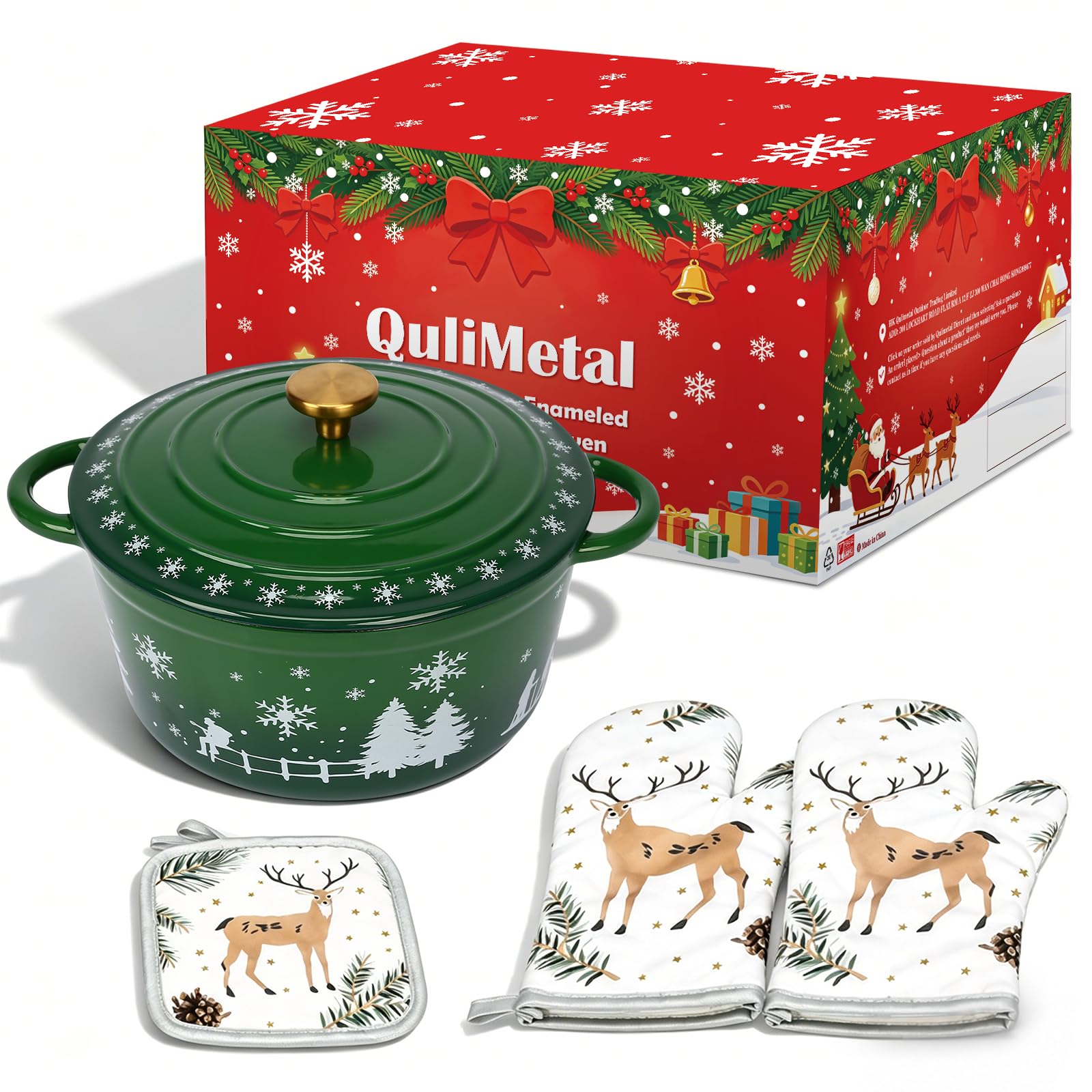 QuliMetal Horno holandés redondo de hierro fundido esmaltado de Navidad de 9.4 pulgadas, estilo navideño