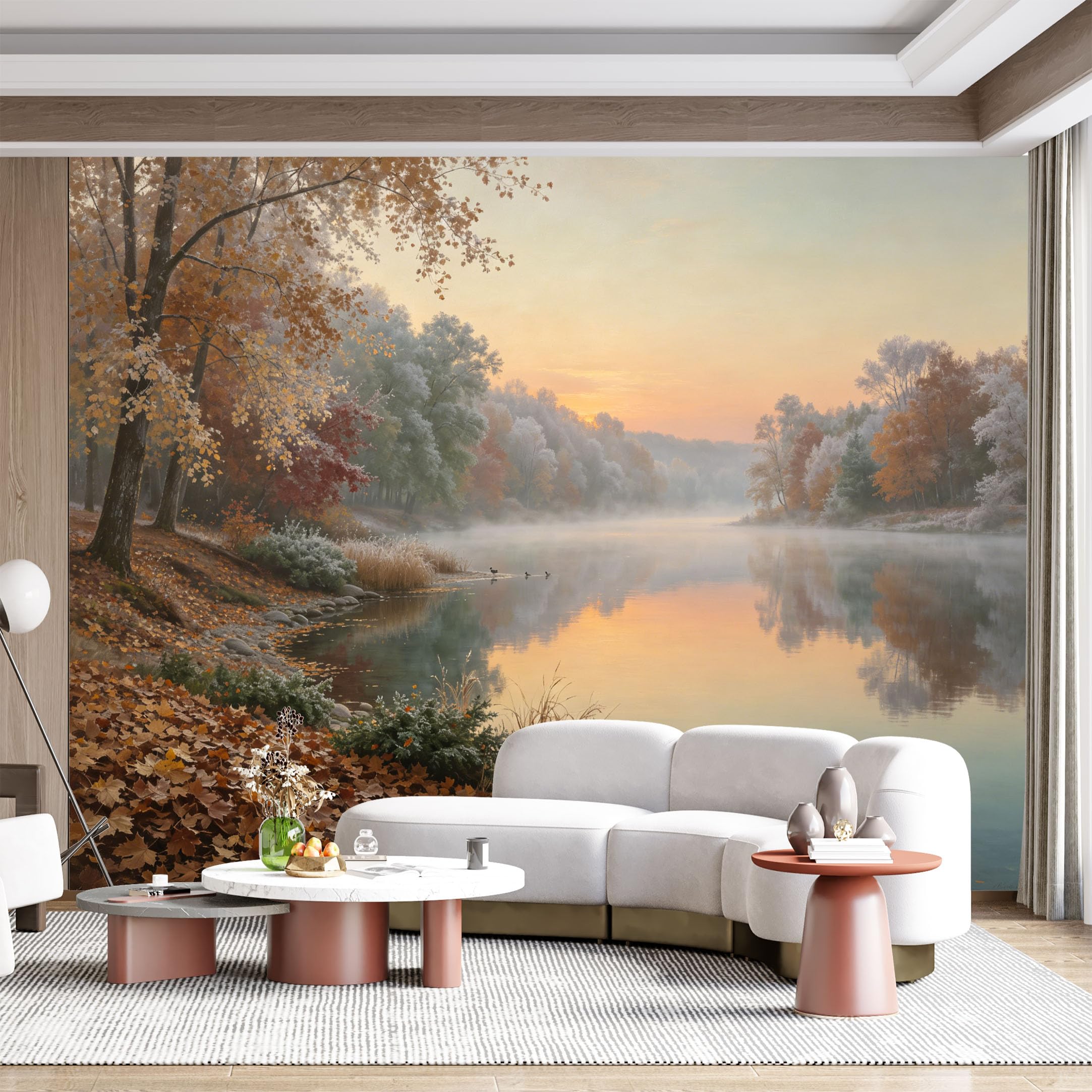 Custom Size Wall Mural Autumn Lakeside Seascape Misty Morning Landscape Oil Painting SelfAdhesive Wall Fabric Removable for Home Office Decor