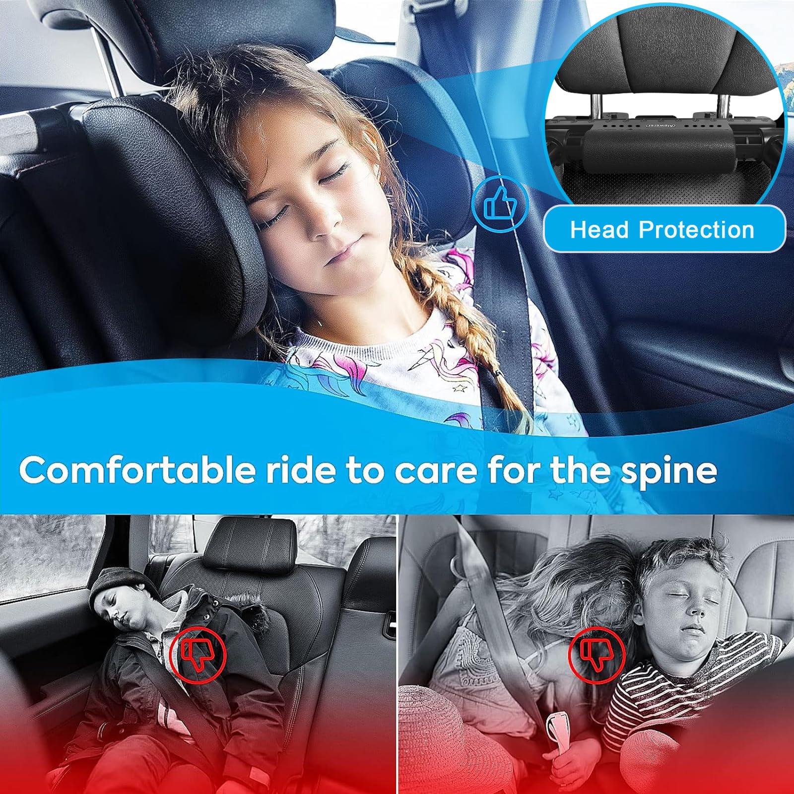 Aipwerer Poggiatesta Auto, 180° Telescopico Smontare Dell'auto Per Il Collo Dormire Poggiatesta Laterale Con Gancio, Adatto Per Il Supporto Della Testa Bambini (A10 PVC Migliorato e Removibile)