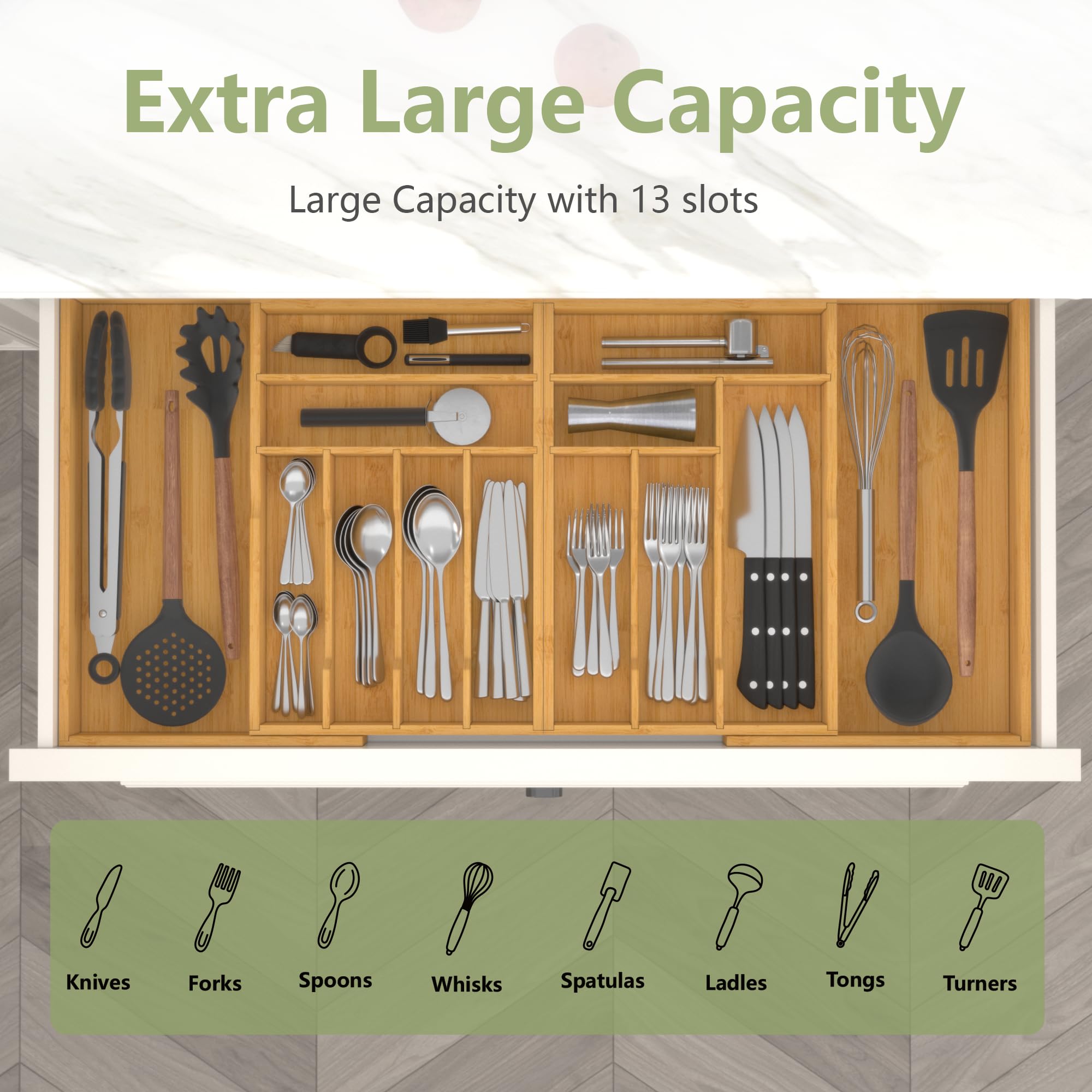 Suli Großer Besteckschubladen Organizer, verstellbares Küchenbesteck für Gabeln, Utensilienhalter für Löffel, Gabeln, Messer, Einstellbar Breite 54, 4-91,4 cm, Tiefe 40 cm,Naturbambus