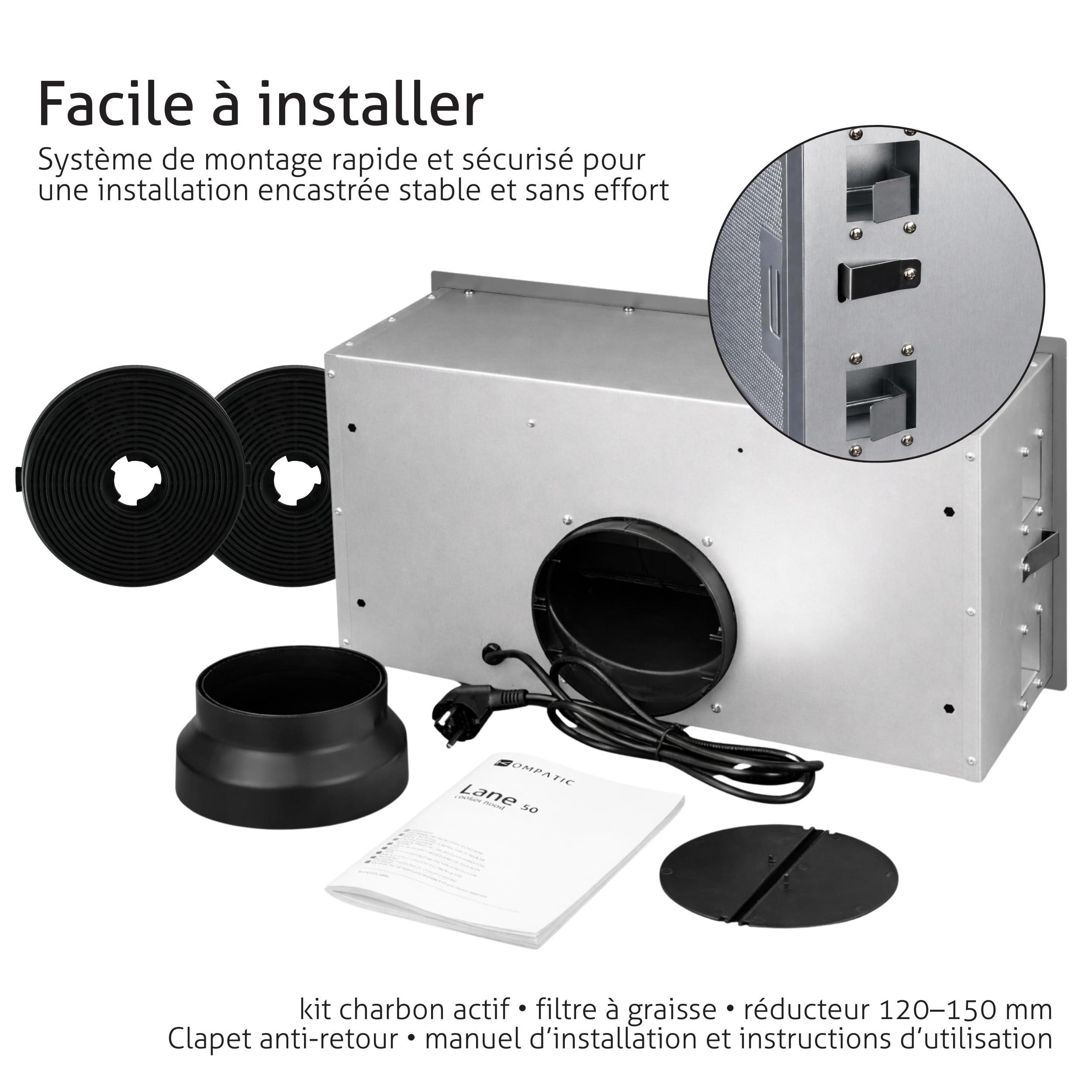 Lane 50 KLN50SI Hotte Aspirante Encastrable, A+++, 50 cm, 450 m³/h, Filtre à Charbon KCF4 Inclus, Minuterie, Contrôle électronique, LED, 3 vitesses + boost, Acier, Évacuation ou Recyclage