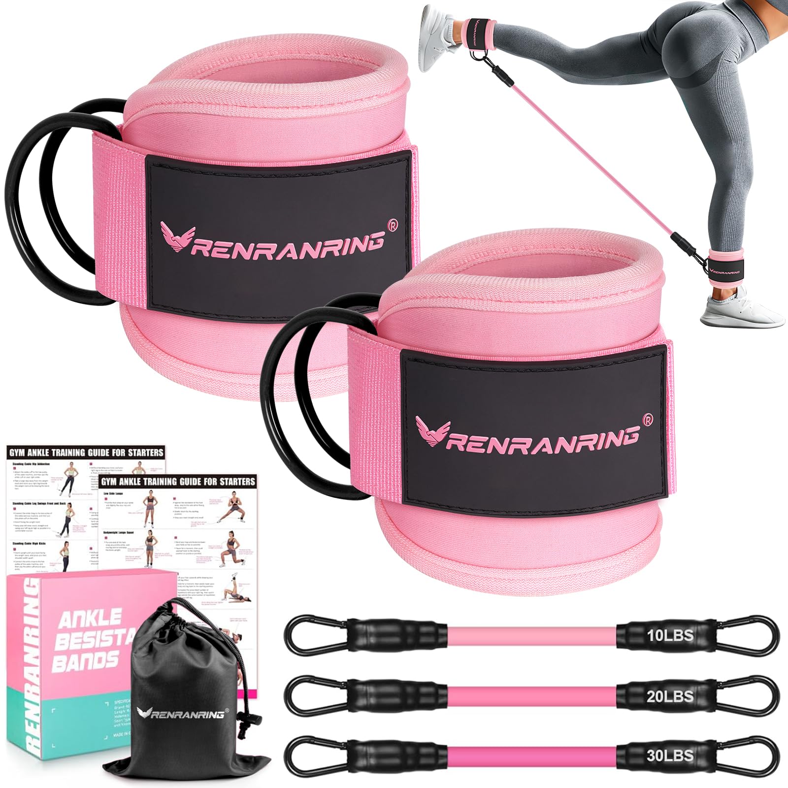 Bandas de resistencia de tobillo con puños, bandas de tobillo para entrenamiento, banda de resistencia de tobillo para piernas y glúteos, equipo de ejercicio de glúteos para mujeres
