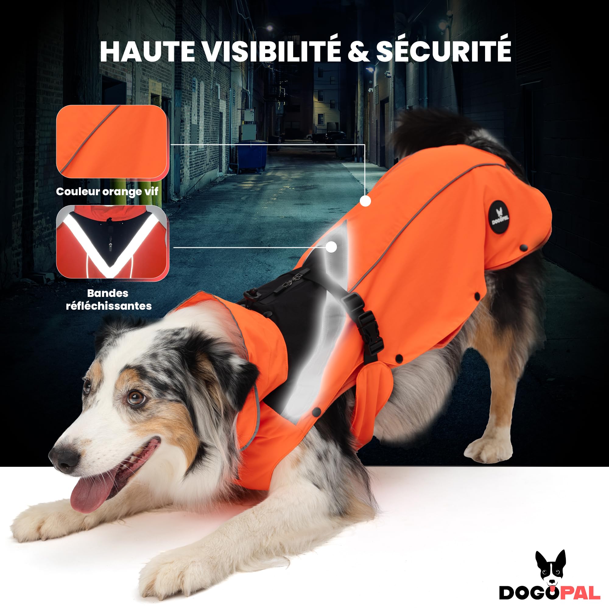 DOGOPAL Manteau Chien 2en1 Toutes Saisons – Imperméable & Coupe-Vent avec Doublure Polaire Amovible, Haute Visibilité Réfléchissante (Orange, L)