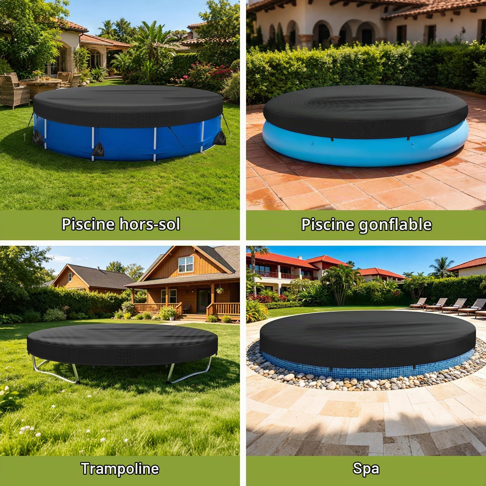 Bâche de piscine ronde de 366 cm avec cordon de serrage, sac de poids et clous de sol