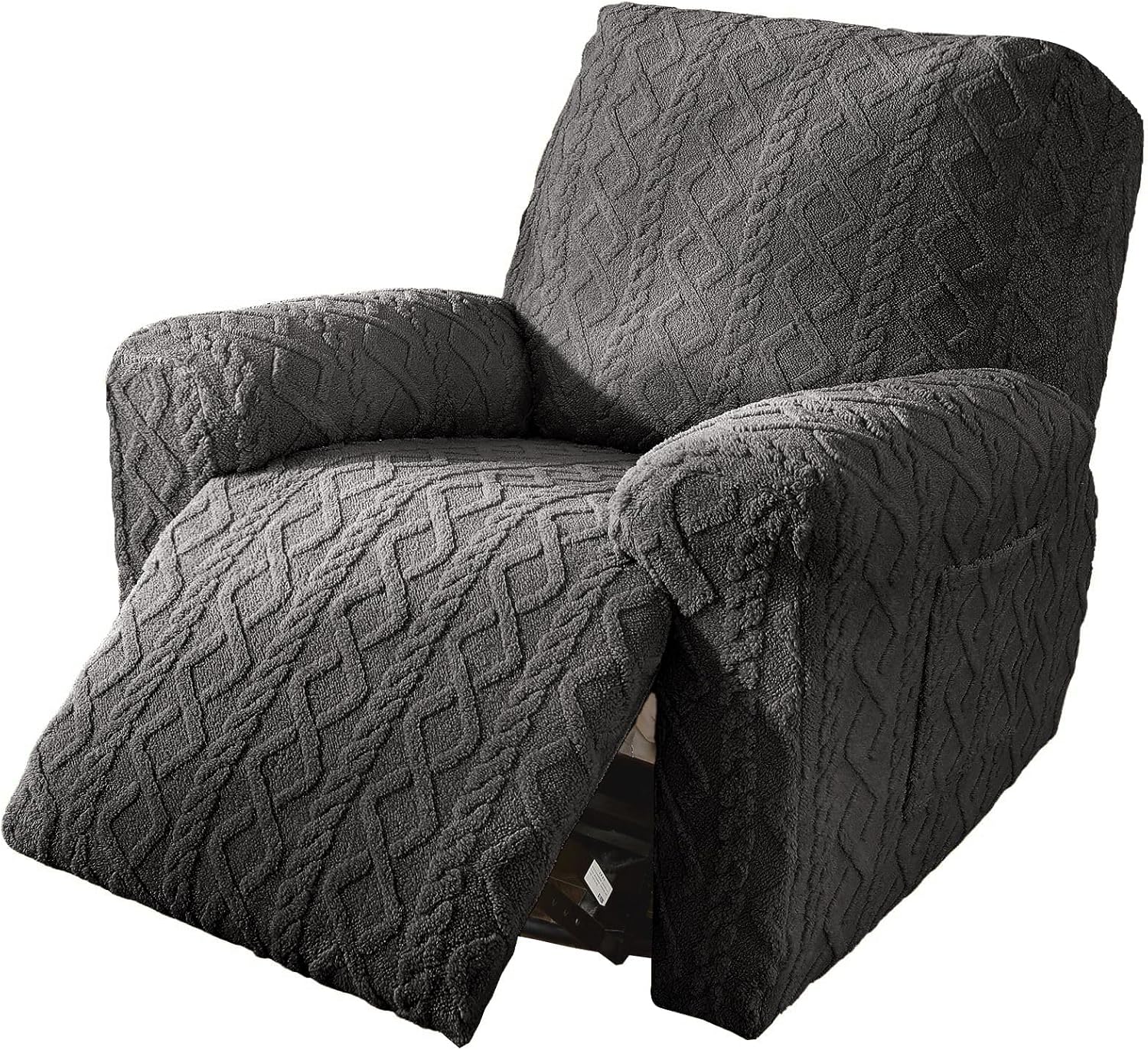 vctops 4 Pieces Geometric Jacquard Plush Recliner Slipcovers Soft Fuzzy Fluffy Sofa Couch Cover Anti-Slip Furniture Protector with Elastic Bottom for Kids Cats Dogs(Dark Grey,1 Seat) Recliner Dark Grey
