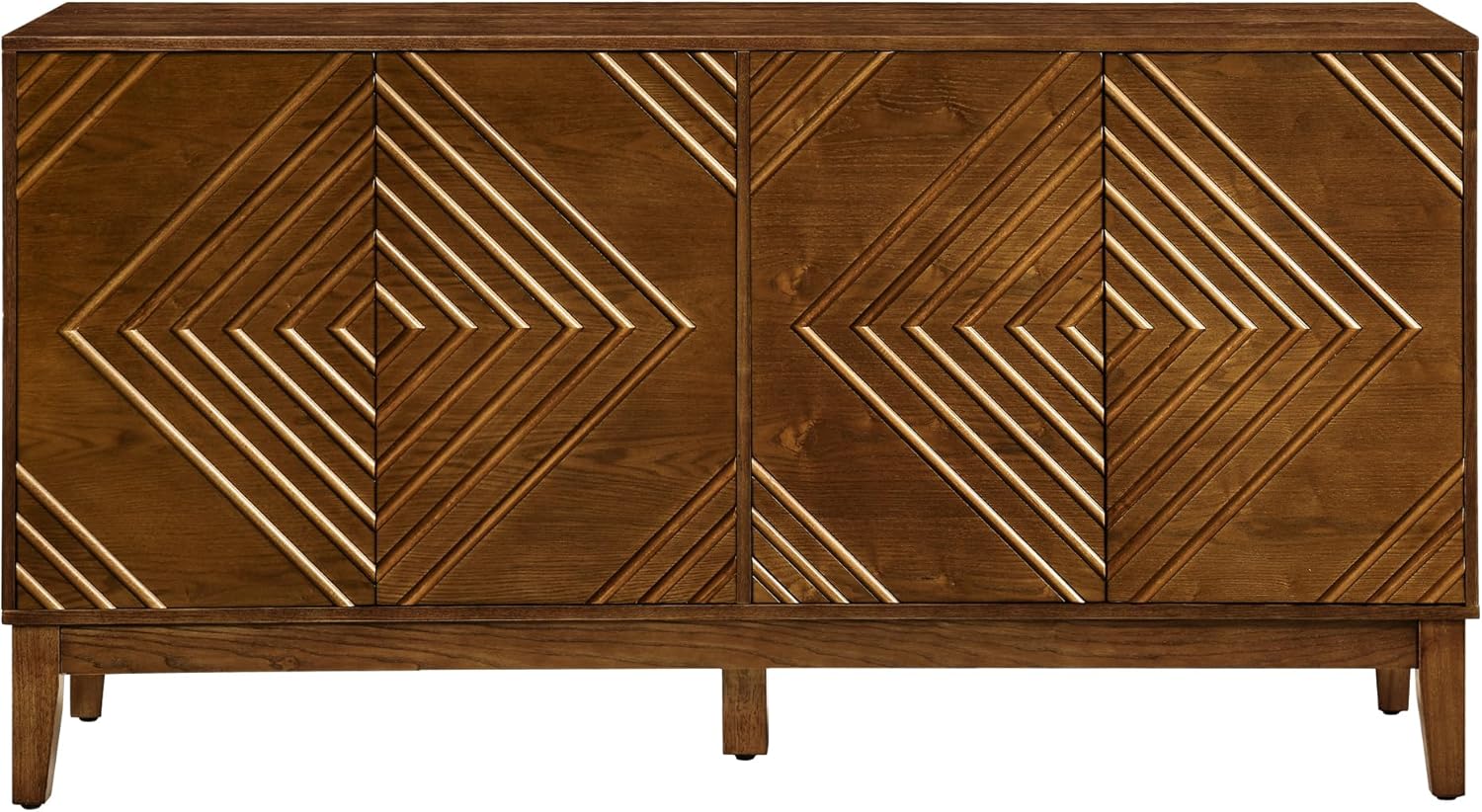 60.5'' TV Cabinet with Storage, Farmhouse Fluted Console Table with Geometric Pattern & Adjustable Shelves, Mid Century Modern TV Stand for Entryway Living Room Dining Room (Walnut Brown)