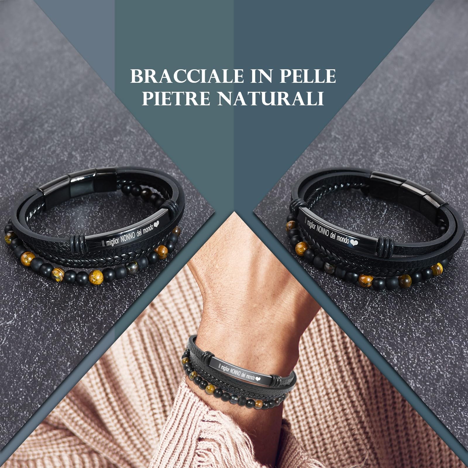 VGWON Regalo Uomo Bracciale da Uomo in Vera Pelle con Pietre Naturali, Regalo per Lui Marito Fidanzato Figlio Papà Nonno, Regalo San Valentino Compleanno Natale Anniversario