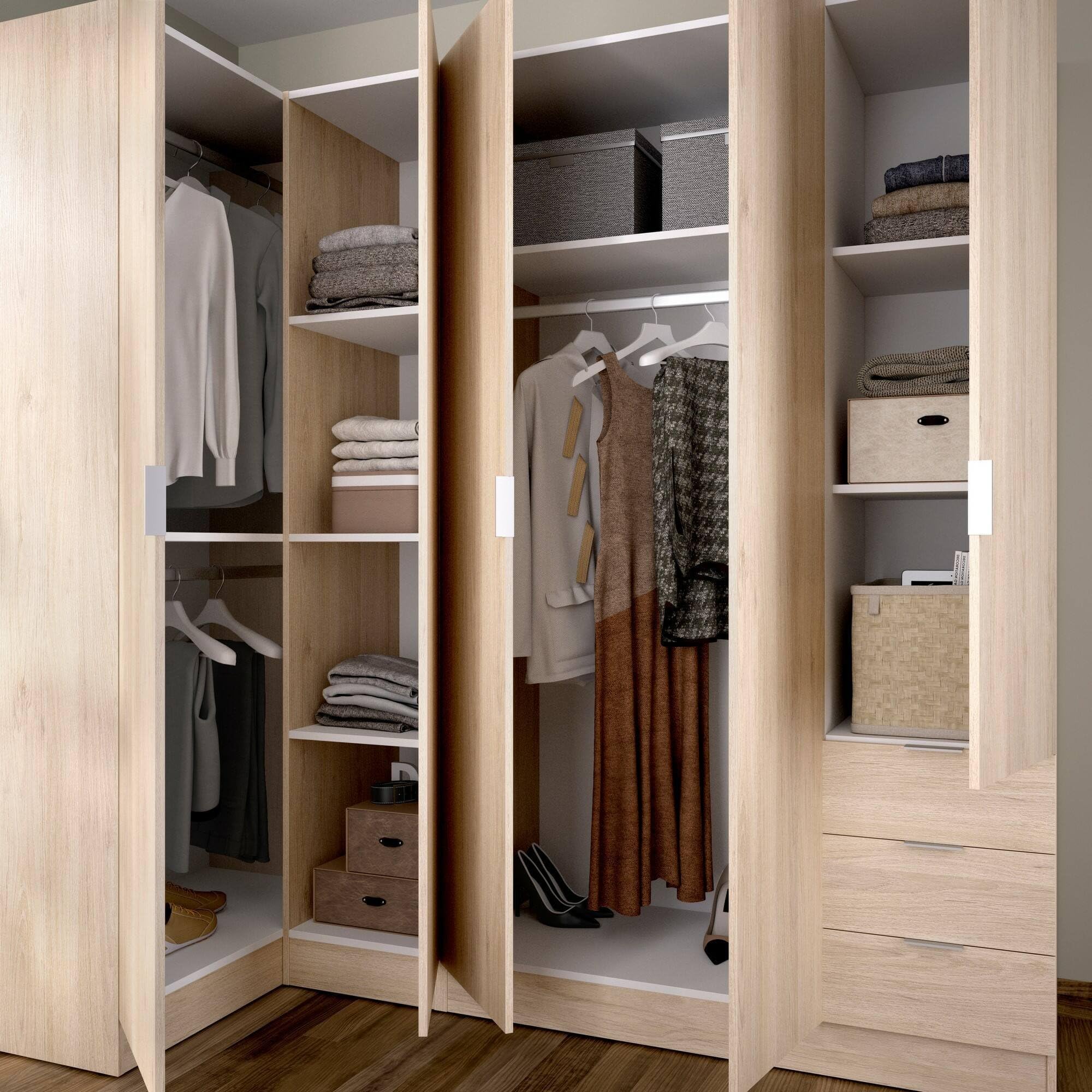 Dmora - Großer Kleiderschrank Succiso, Eckschrank für Schlafzimmer, Eckschrank mit 5 Flügeltüren, 214 x 91 x 184 cm, Eiche