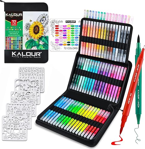 KALOUR Juego de 79 rotuladores artísticos, doble punta (pincel y punta fina), número de color y nombre del color, marcador artístico para colorear