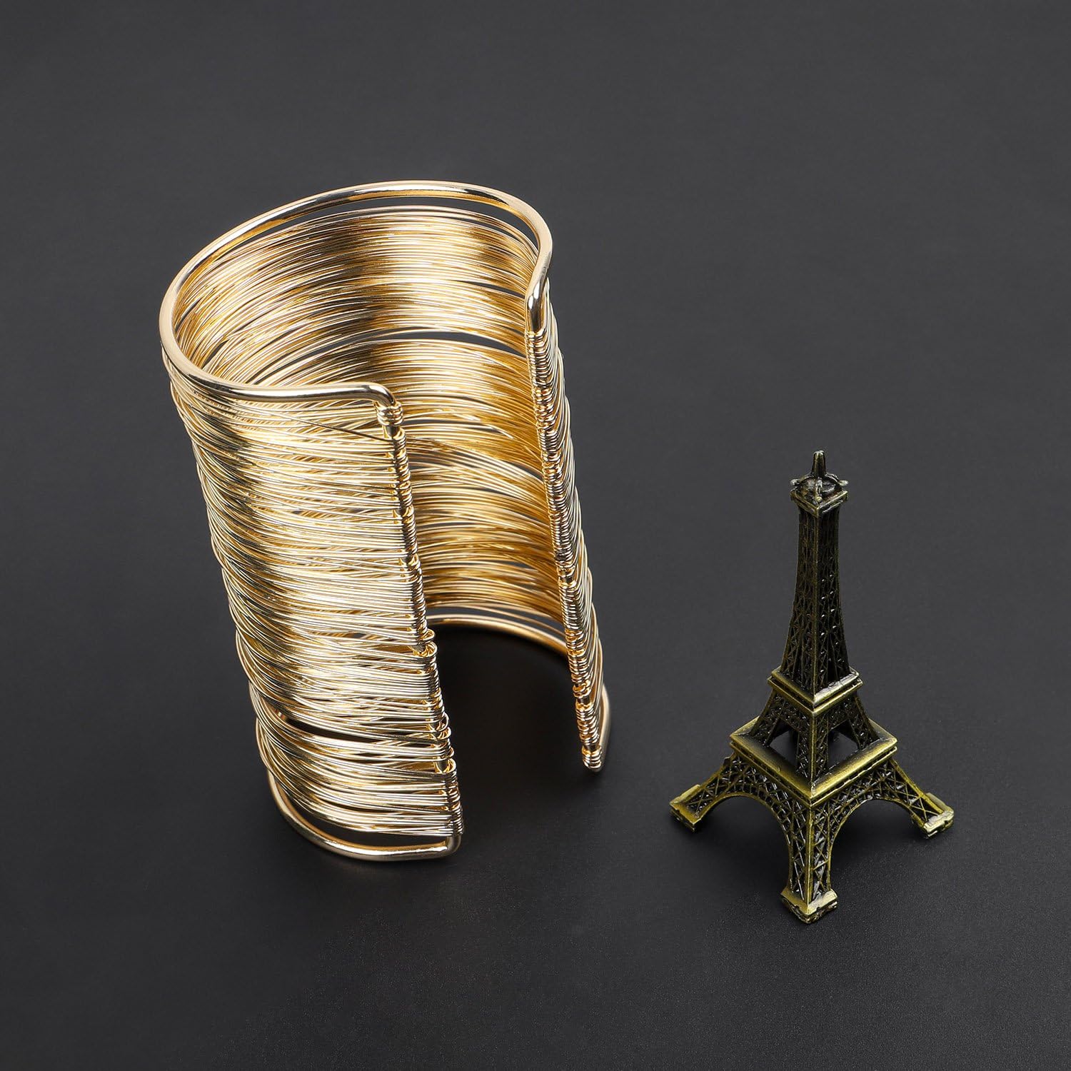 QTMY Alloy Metal Gold Thin Thread Wire Open Cuff Wide Bracelet Bangle - Image 4