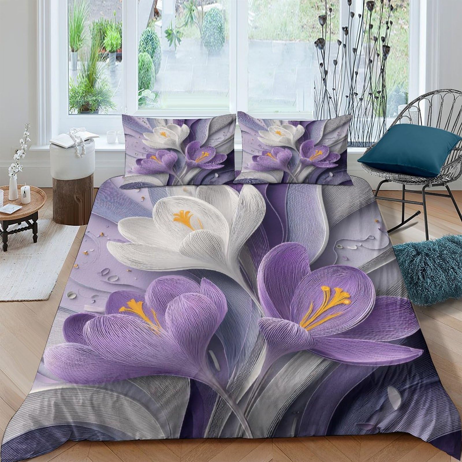 XFKLYNVCJ 3D Printed Purple flowers Bedding Cover Premium Polyester Artistic floral design Quilt Cover Fade Resistant Soft Comfortable for Student Dorm College Accommodation Use Single（135x200cm）