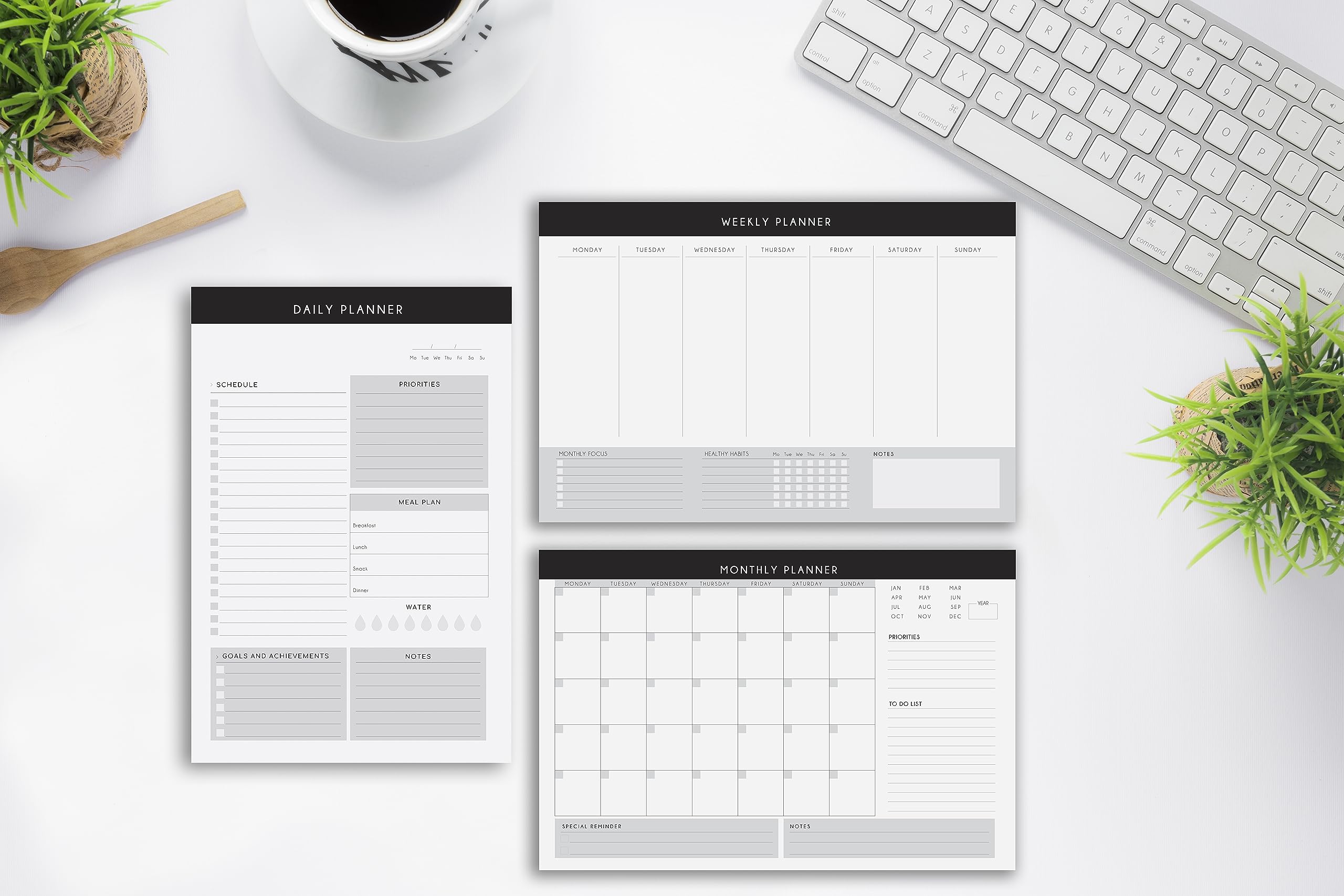 Fark Tanıtım Three (3) Piece Set, 60 Undated Tear Off Sheets 120gsm Thick Paper, Desk Pad Daily, Weekly, and Monthly Planner, Office, Organizer (Style II)