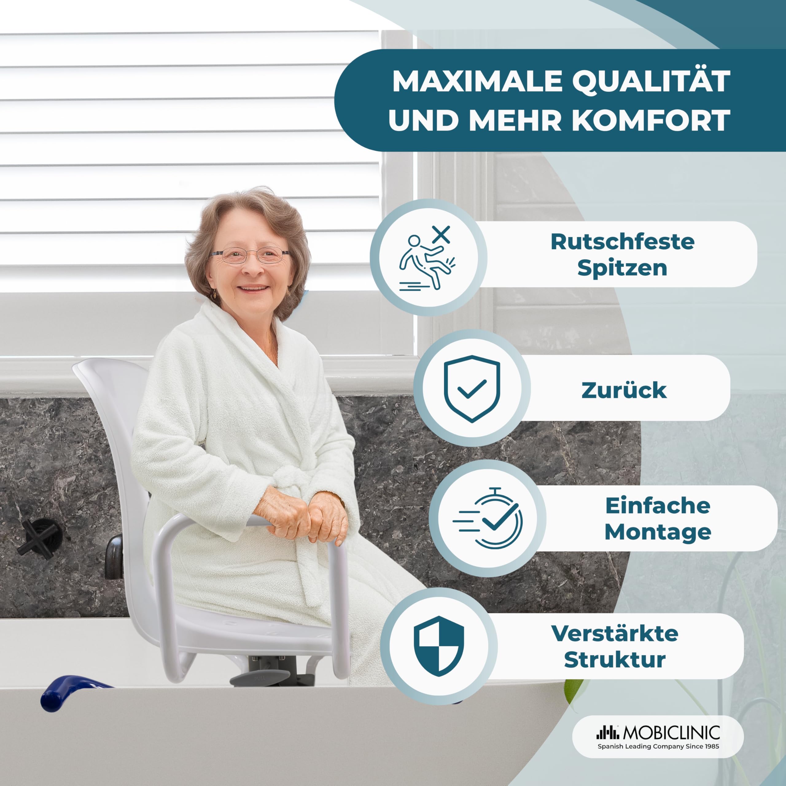 Mobiclinic®, Badewannensitz Drehbar 360º, Europäische Marke, Drehstuhl Dusche, Duschstuhl mit Armlehnen und Rückenlehne, Drehbarer Badewannenstuhl, Wannensitz, Verstellbar, Lago