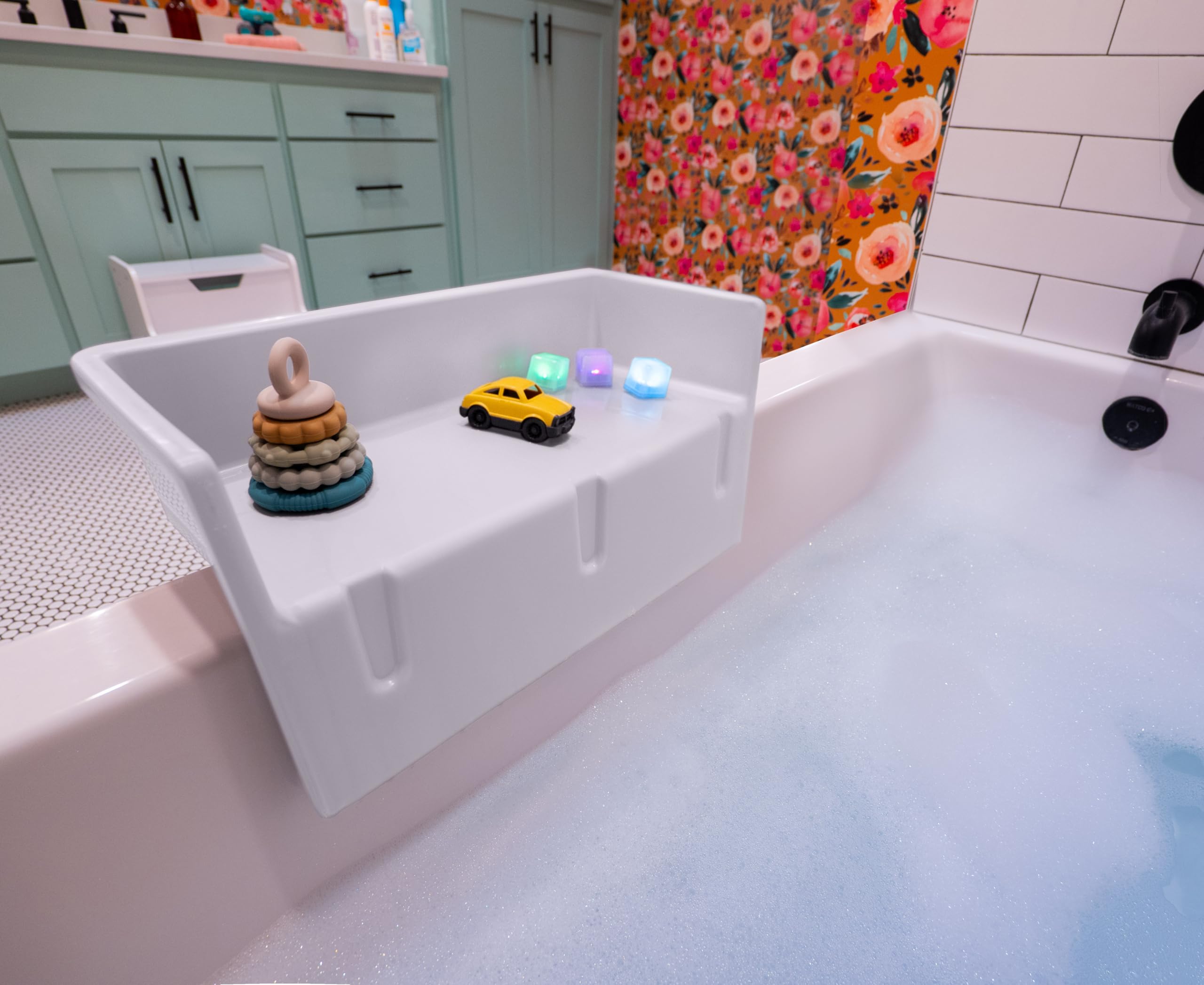 Tub Topper® Mini Bathtub Splash Guard for Kids - Compact Bath Splash Guard & Tub Play Shelf - Easy to Remove, Store & Clean - Patented Lip Design,