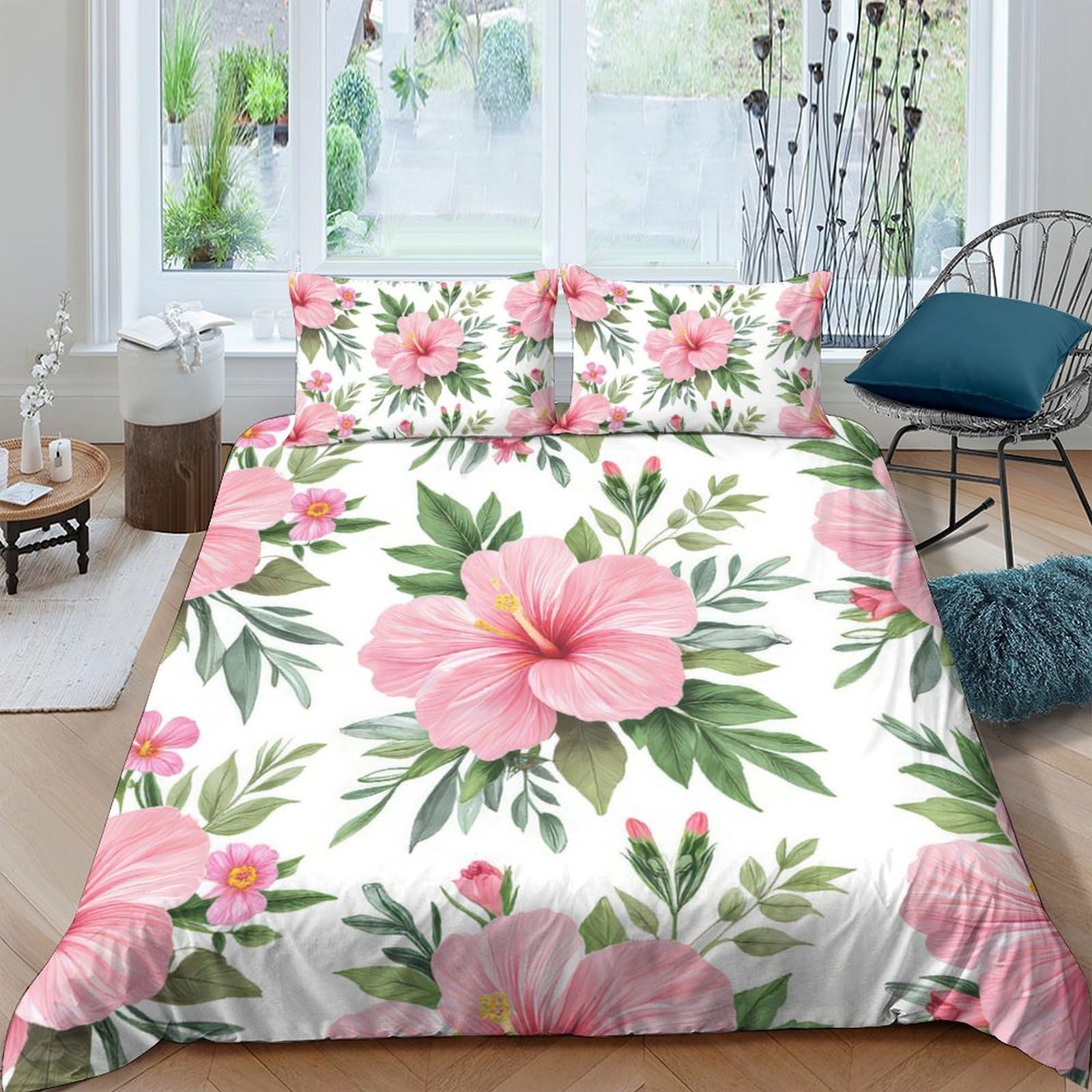 Ctjqhvkz Style-6 3D Printed Pink Hibiscus Fitted Sheet Microfiber Soft Breathable Tropical Leaf Mattress Cover For Bedroom Guest Room Decor Single（135X200cm）