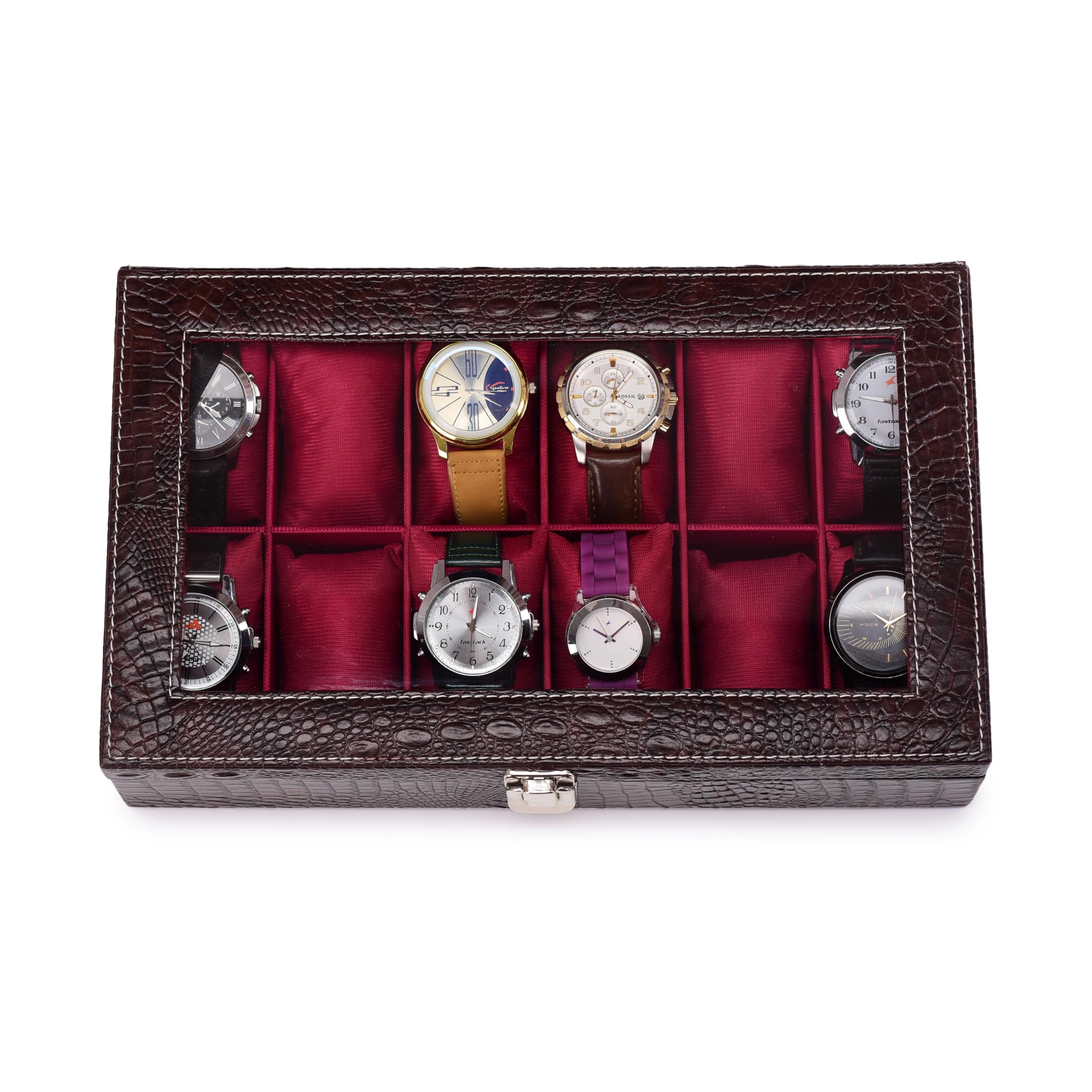 ZENWOOD Caja organizadora de relojes de piel sintética con 12 ranuras para hombre y mujer (marrón::granate)