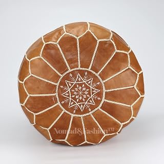 Moroccan leather handmade pouf, ottoman poof for living room boho extra seat round chair footrest stool furniture and home decor, Brown and Withe Stitching Unstuffed