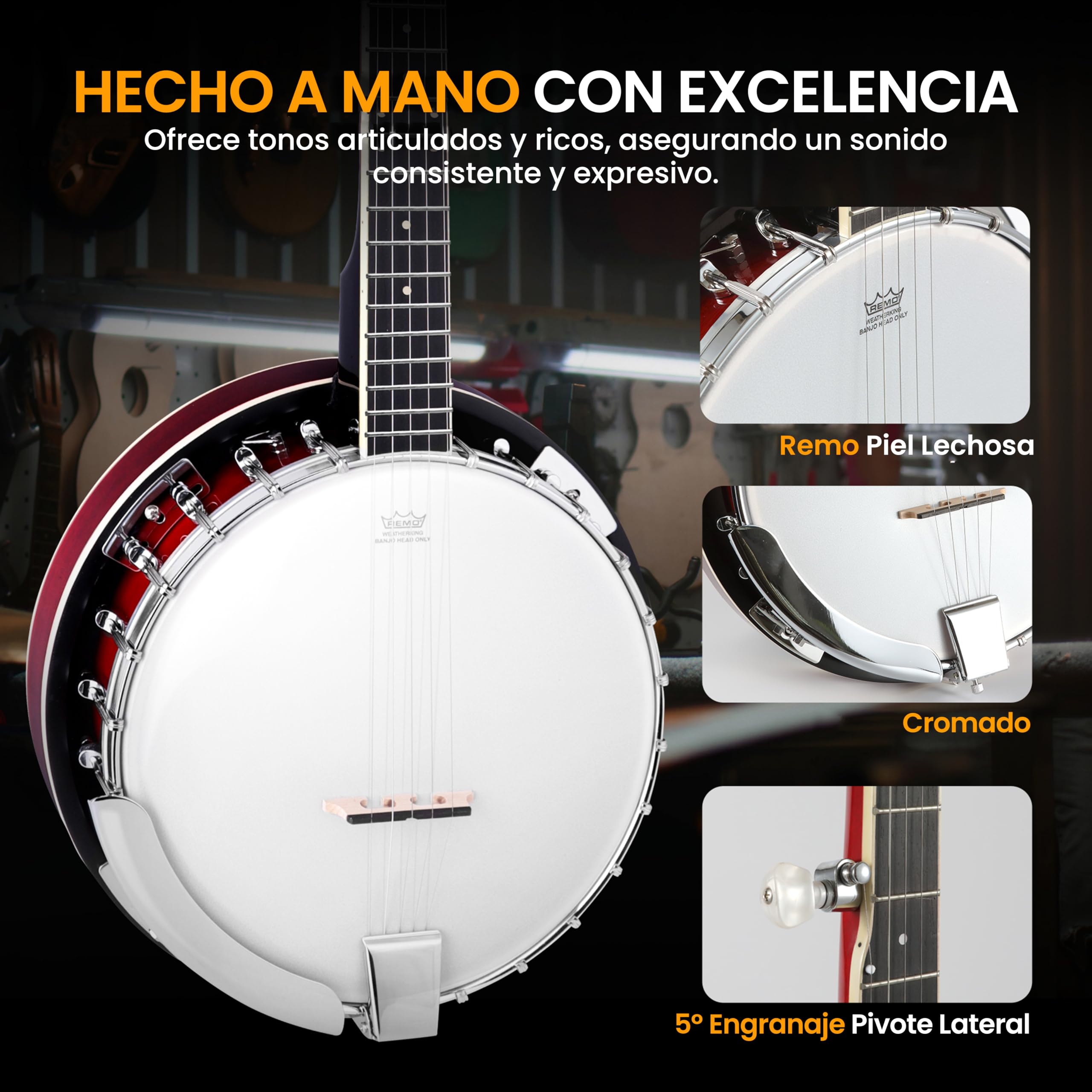 Pyle Banjolele- 5 Saiten, Banjo Kit Instrument, Banjolele Set Inkl. digitalem Stimmgerät, Saiten, Plektren, Gurt, Gig Bag & Werkzeugset, Musikinstrument für Folk, Country & Bluegrass, 99cm