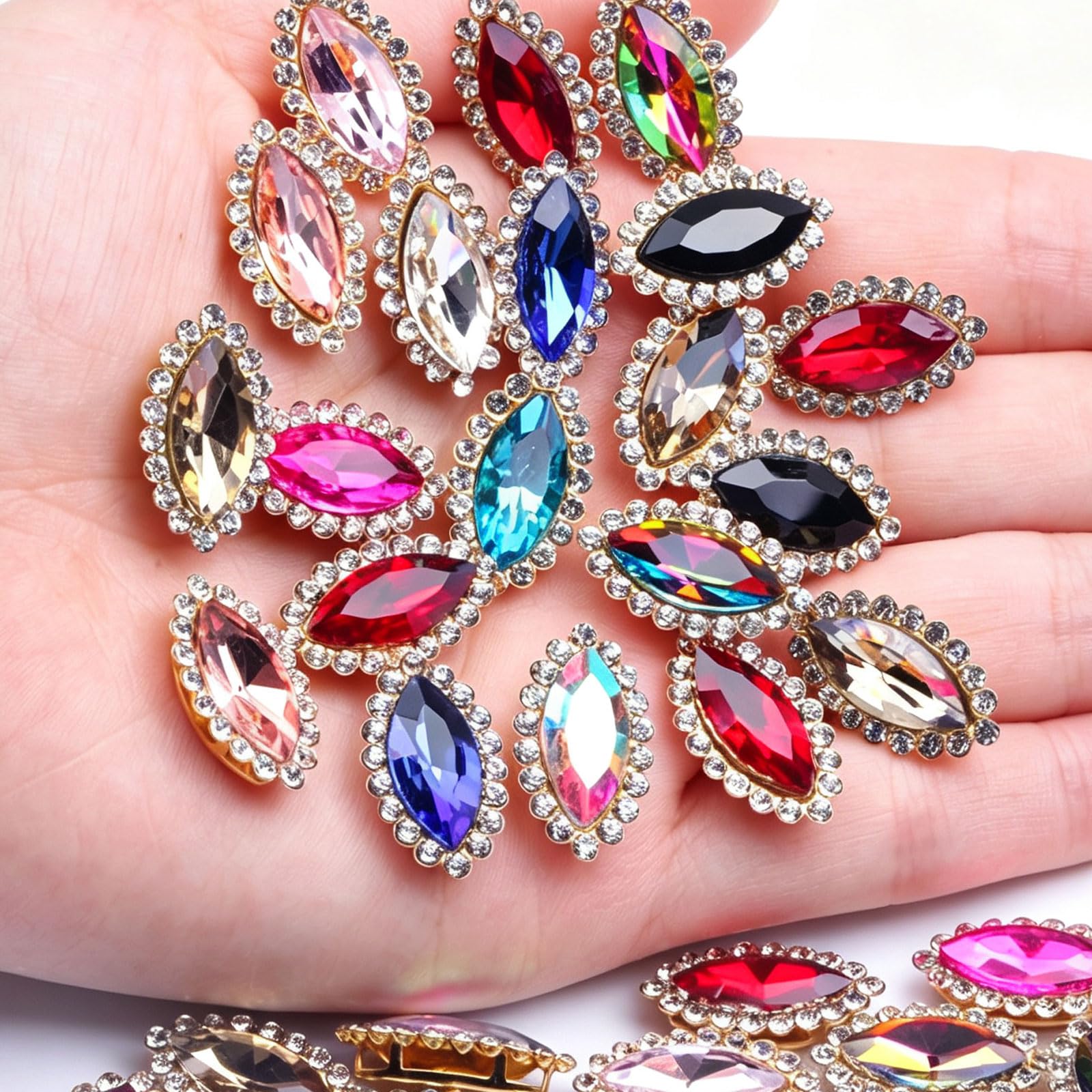 30 Pcs 7 * 15mm Horse Eye Sew On Rhinestones Metal Base Flatback Crystal Glass Diamond Rhinestones for Dress, Bag, Clothes, Dance Costume, Shoes, Garment (00 Mixed)-image-7