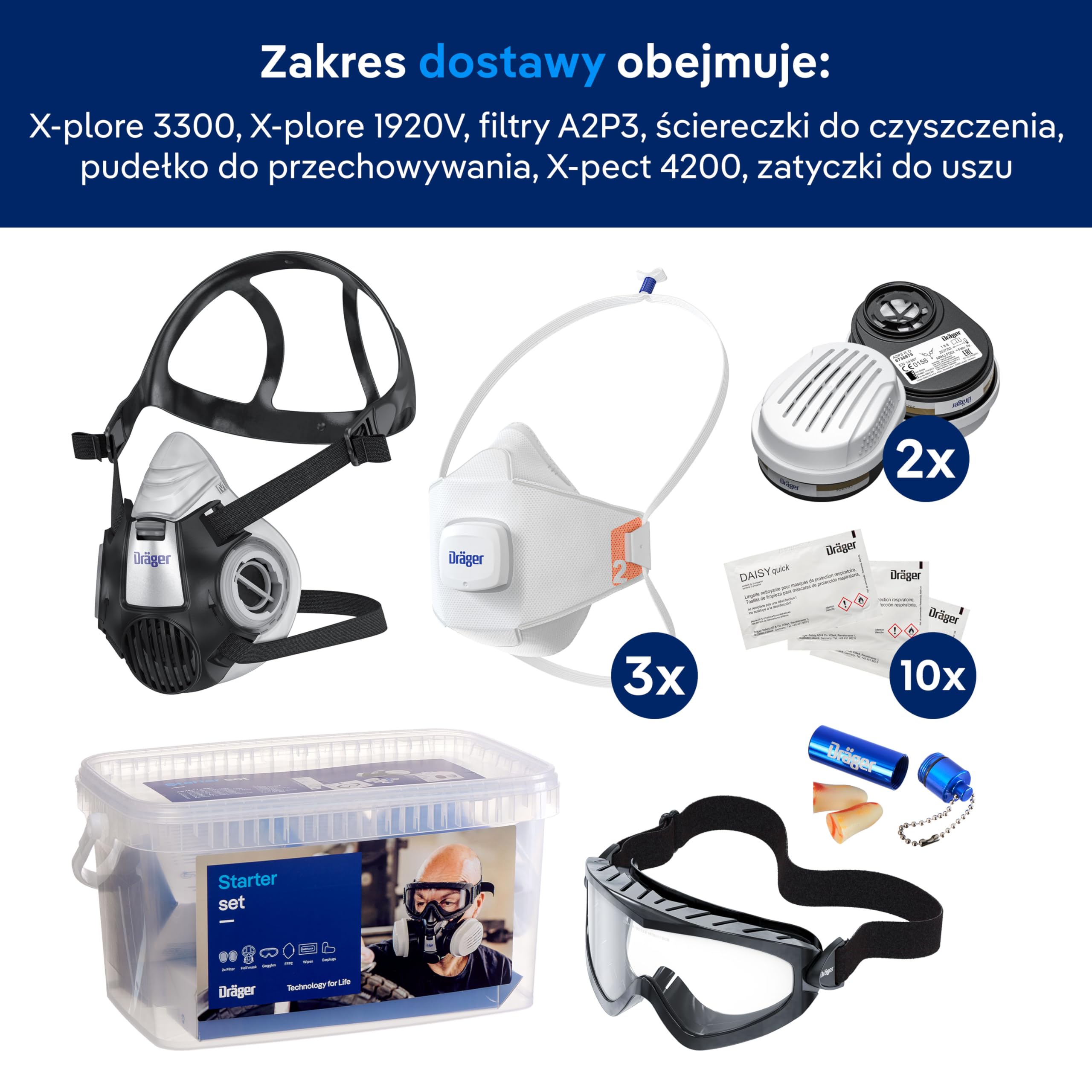 Dräger Zestaw startowy ochrony dróg oddechowych – półmaska X-plore 3300 z filtrem A2P3, maski FFP2, okulary ochronne i ochrona słuchu – kompletny zestaw do profesjonalnej ochrony dróg oddechowych | Półmaska X-plore 3300 z filtrem A2P3, maski FFP2, okulary
