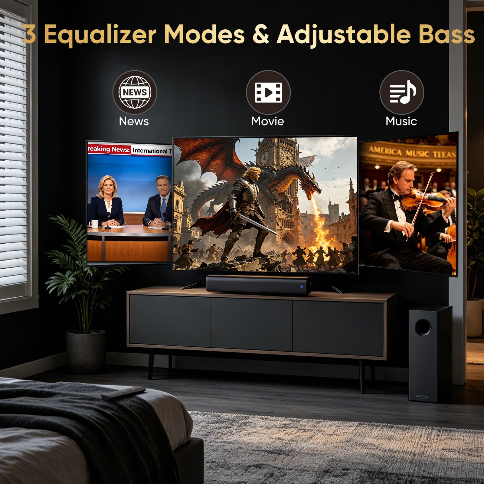Barra de sonido de 70 W con subwoofer para TV, barra de sonido compacta de 14.2 pulgadas de 2.1 canales con graves profundos, Bluetooth 5.3, óptico/AUX, sistema de altavoces de cine en casa