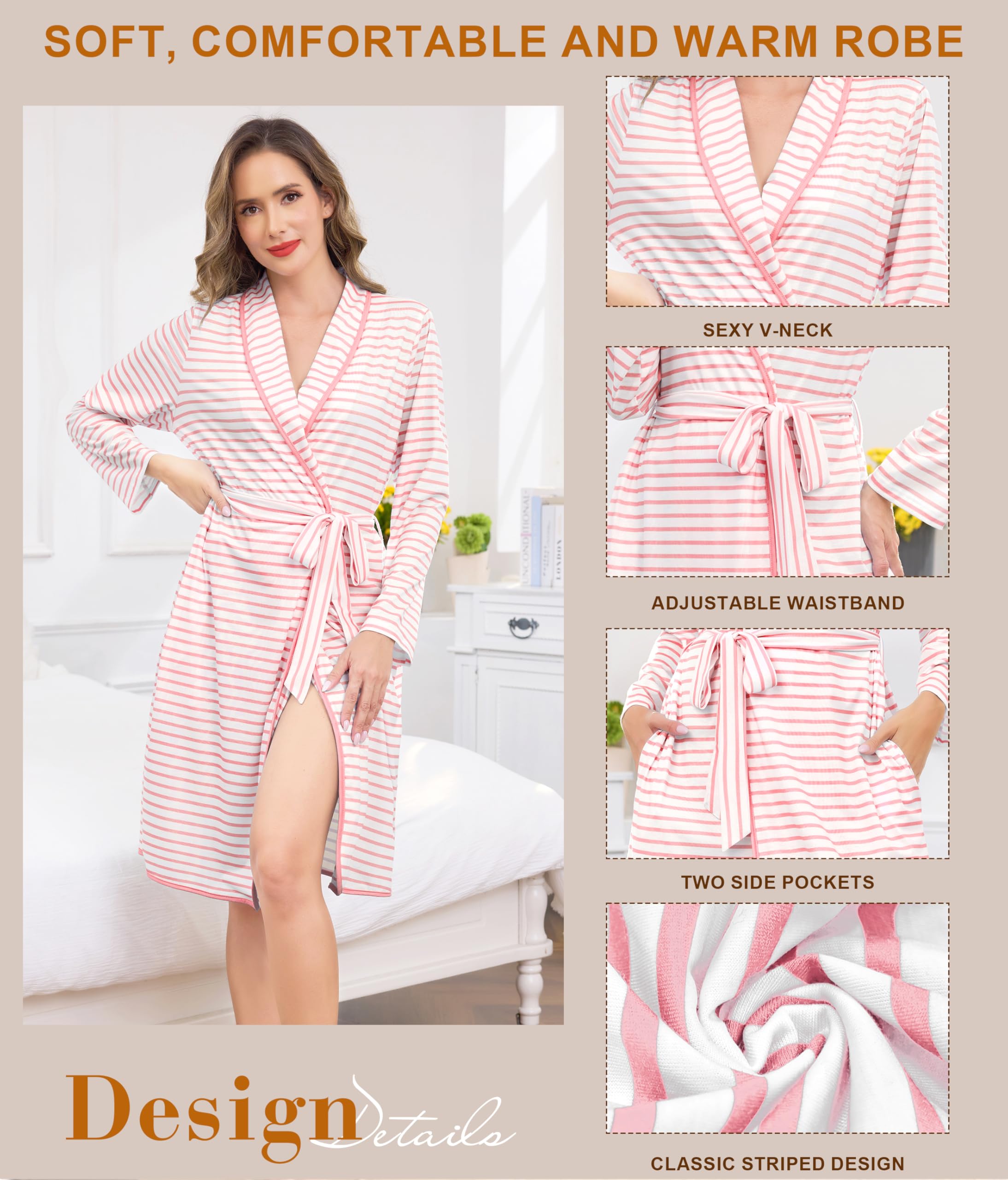 Vlazom Albornoz Kimono para Mujer de Algodón - Rayado, Manga Larga, Ligero con Bolsillos - Ropa de Casa y Loungewear Cómodo Tallas S-3XL