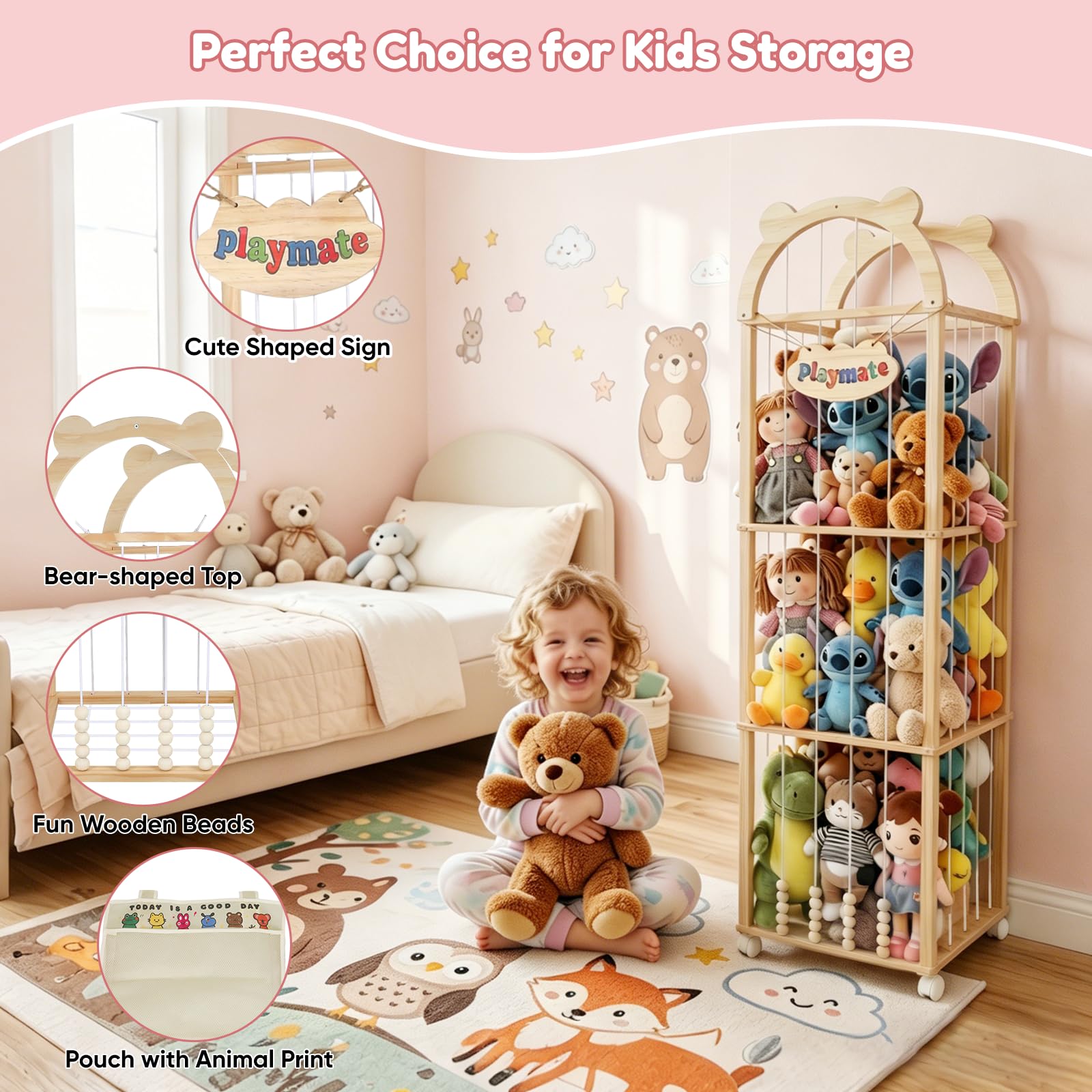Contenitore per Peluche, 151x46x46CM Organizer per Peluchecon Ruote Girevoli a 360°, Porta Peluche per Cameretta dei Bambini, Soggiorno, Mobili per la Cameretta dei Bambini (Modello a Cupola)