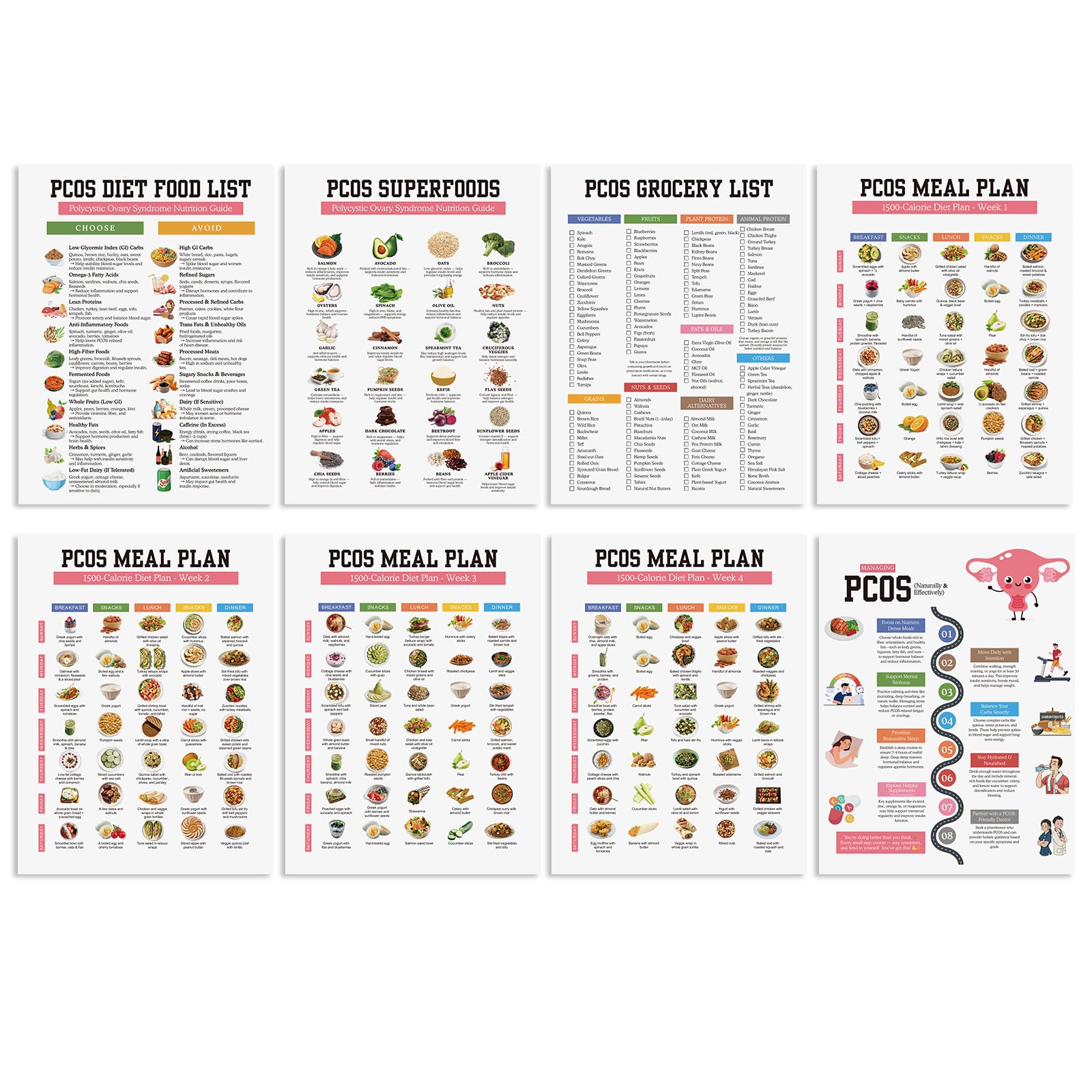 Honoson 8 Pcs PCOS Diet Food List PCOS Grocery List Superfoods Chart Polycystic Ovary Syndrome Meal Plan Low Glycemic Poster 8.5x11 Inch Wall Art for Weight Loss Bedroom Living Room Decor, Unframe โ image 1