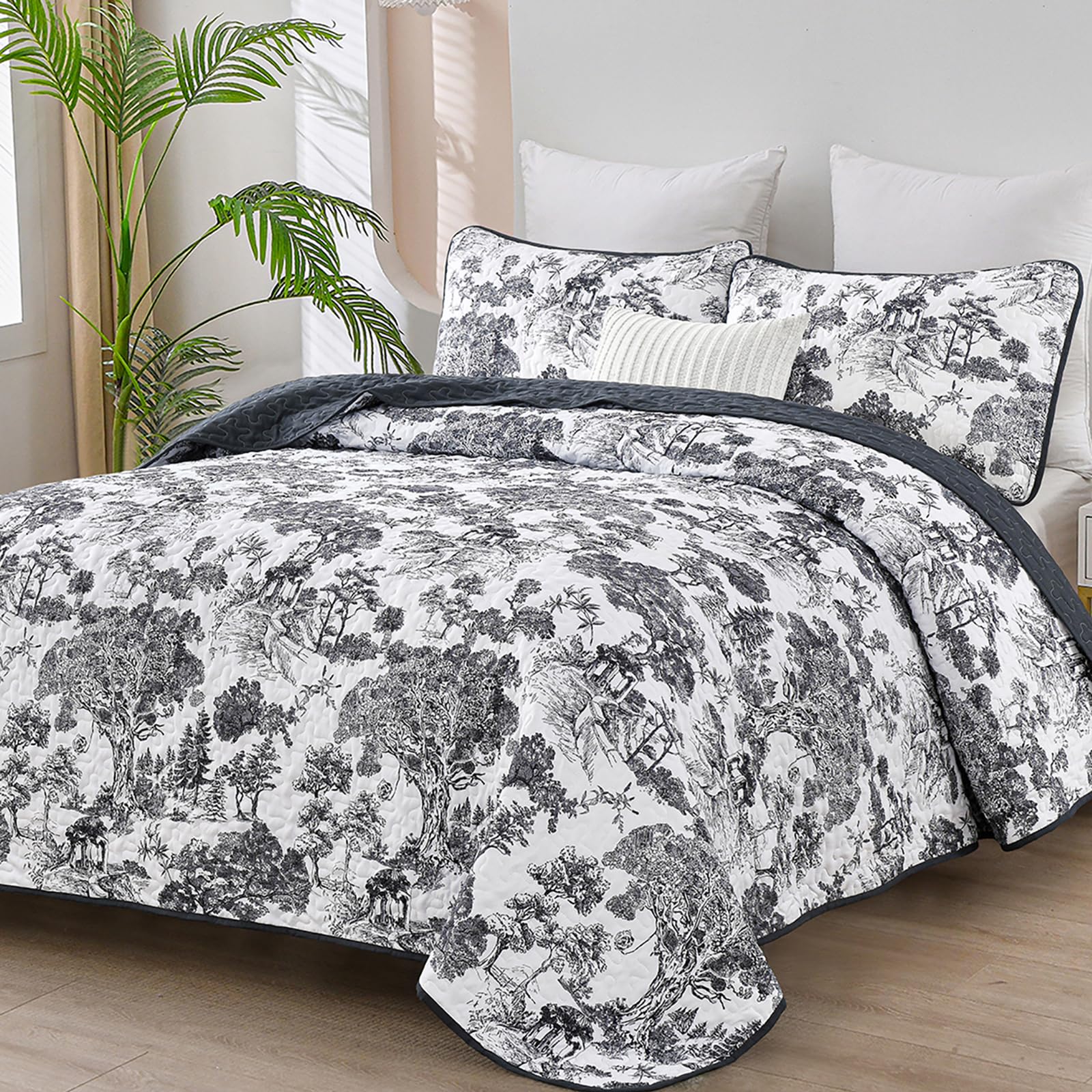 WONGS BEDDING Botanical Quilt Set King Size, Black 3 Pieces Toile Floral Plants Printed Bedspread Bedding Set Soft Lightweight Microfiber Coverlet Set for All Season (104"x90")