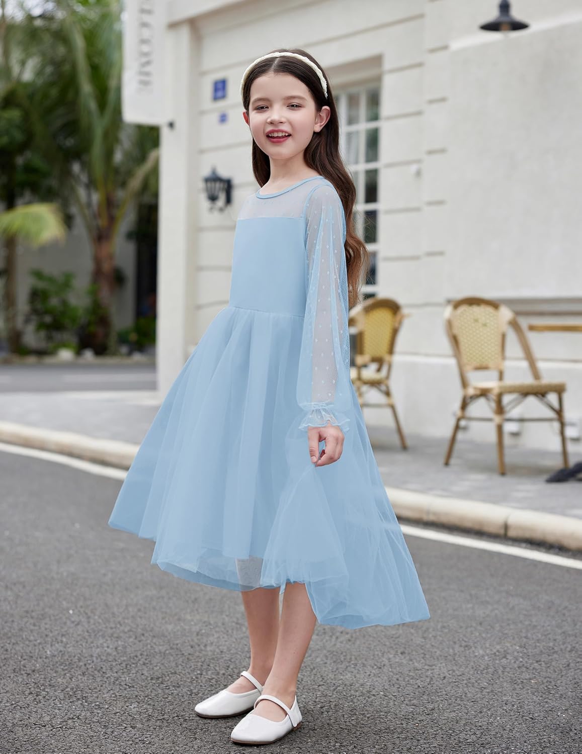 Arshiner Girls Dresses Contrast Mesh Long Sleeve Twirly High Low Birthday Party Formal Dress