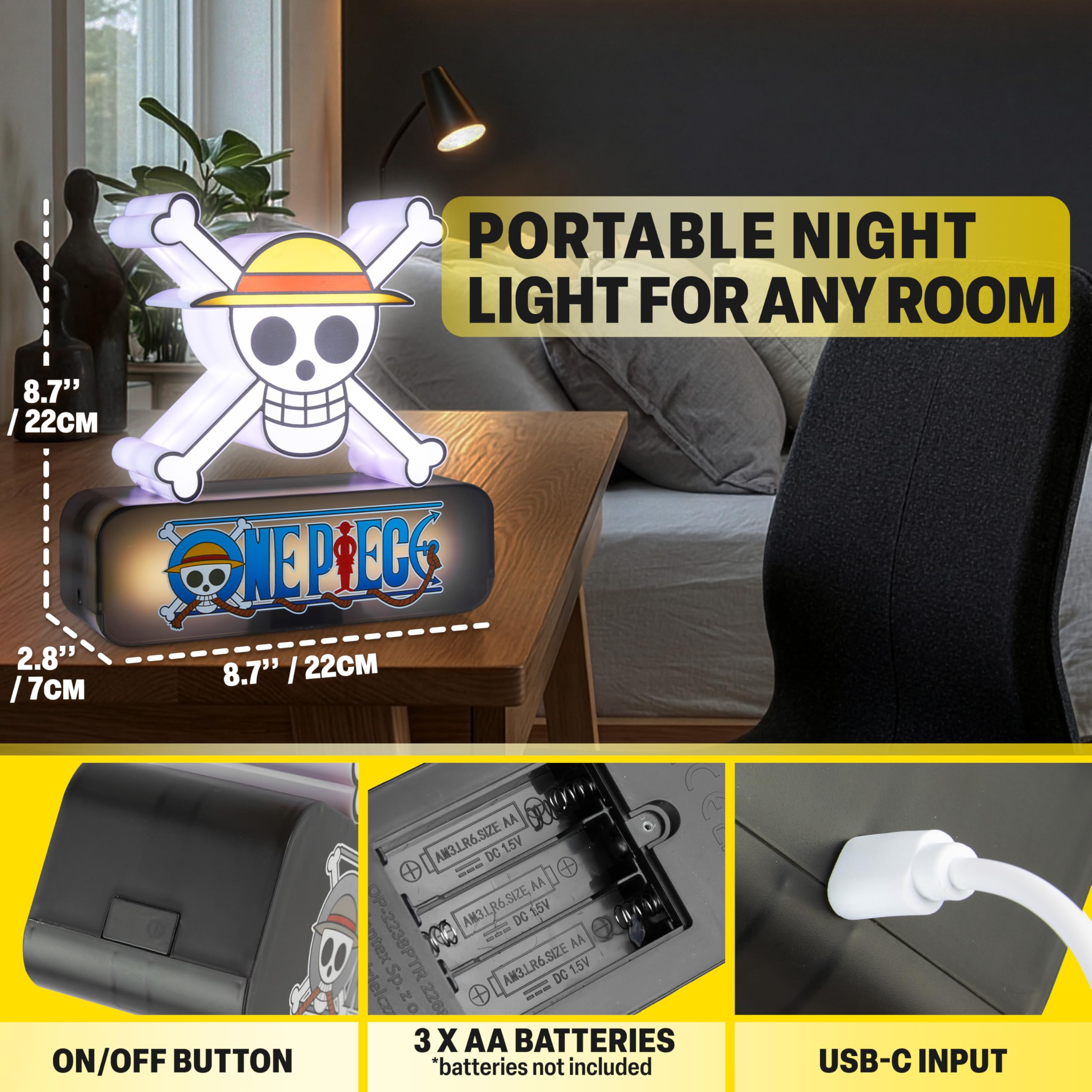 One Piece Skull Lámpara LED 3D, Luz Nocturna LED con 3 Niveles de Brillo, Alimentación USB-C o Pilas, Lámpara de Mesita de Noche, Decoración Habitación Manga, Regalos Anime (Multi 3D Calavera)