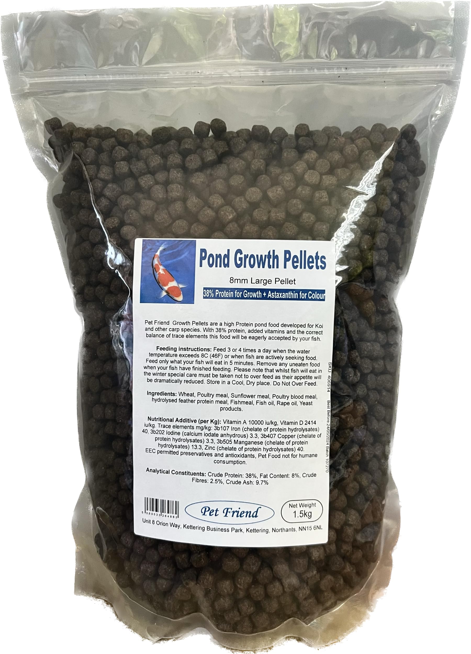 Pet Friend Growth Pellet Large 1.5kg 8mm Pond Fish Food For Koi & Goldfish 38% Protien