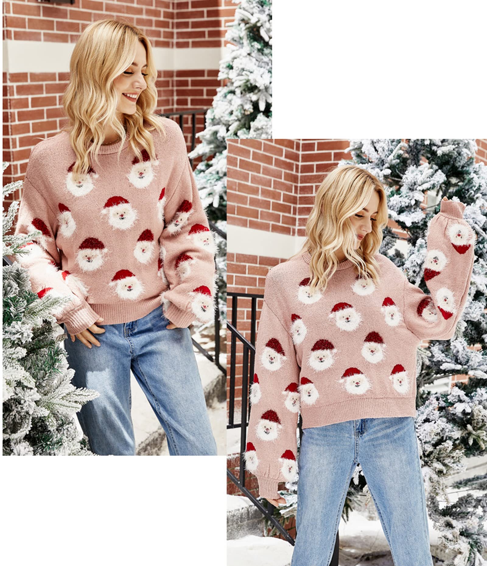 Pull de Noël pour femme en tricot rose Père Noël drôle Kawaii mignon à manches longues pull automne hiver, rose, Taille L