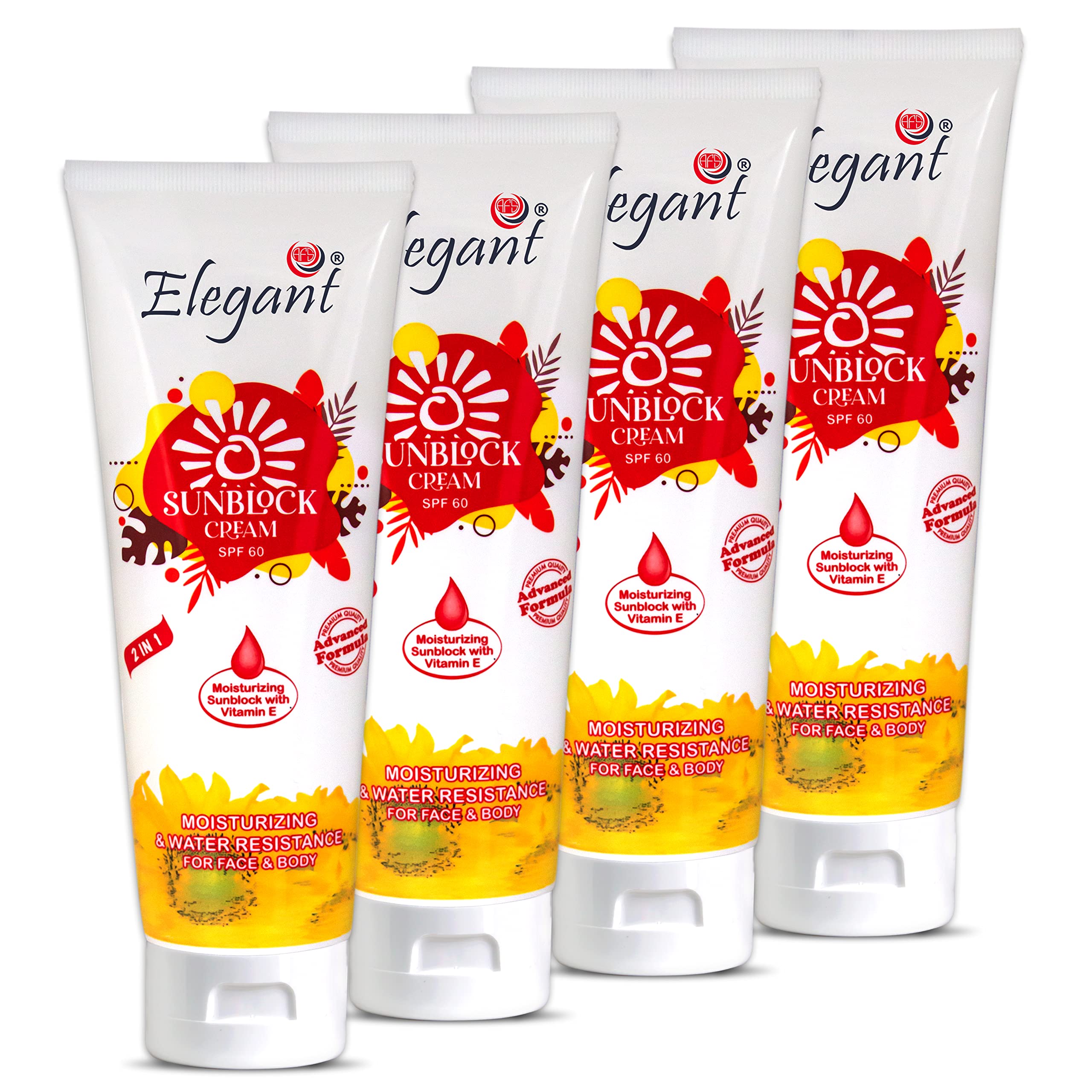 SET OF 4 | Elegant UV Sunblock Cream (Sunscreen) with SPF 60 – 170g (170ML x 4) – Moisturizing Sunscreen For Face & Body | Water Resistant Sunblock, Advanced Formula gives 2 in 1 Protection