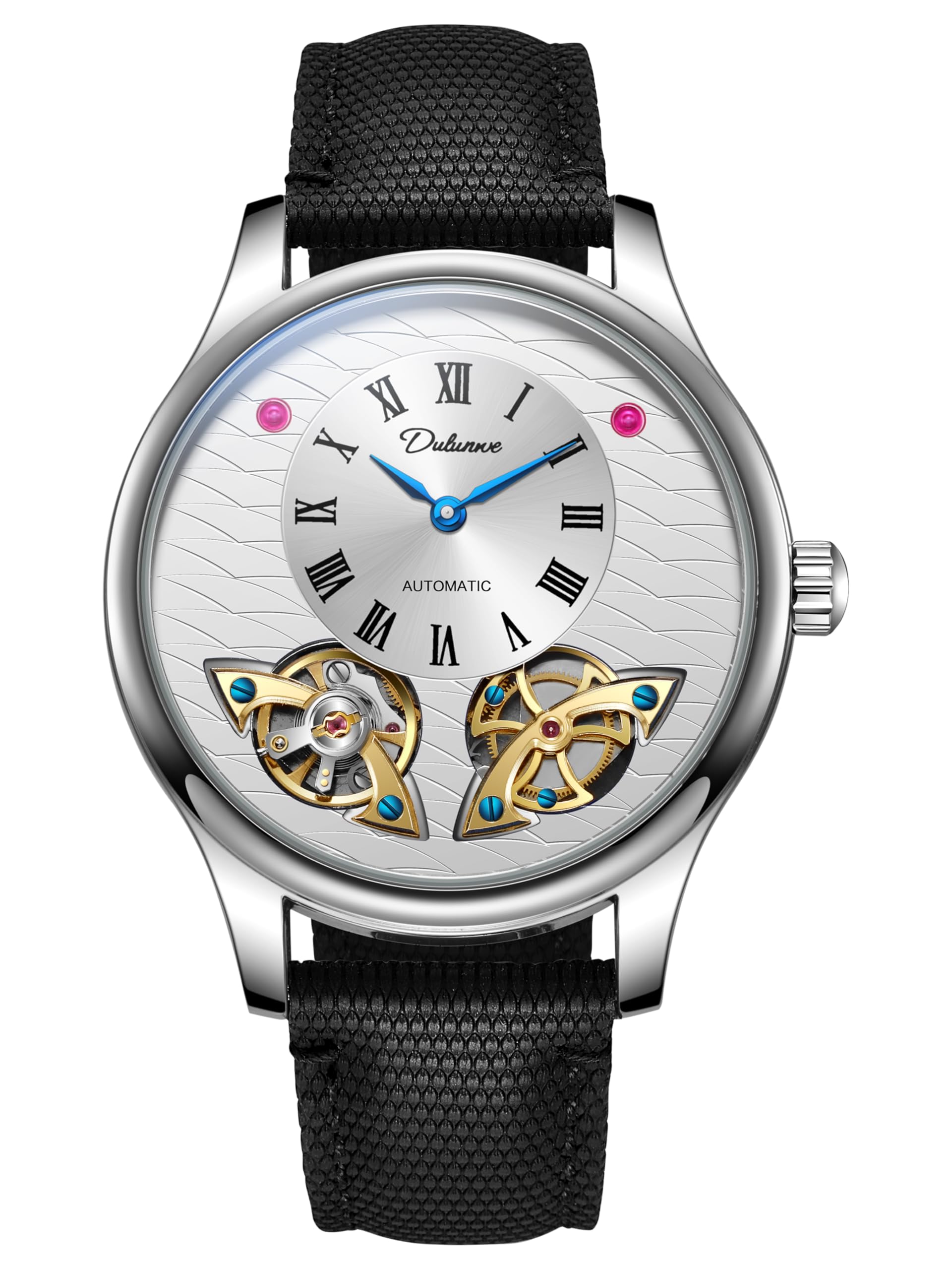 Men's Watches 43MM Skeletonized Double Tourbillon Mechanical Movement, Automatic Winding, Vintage Roman Numeral Dial With Fish Scale Pattern, Paired With Stainless Steel And Fluoroelastomer Straps