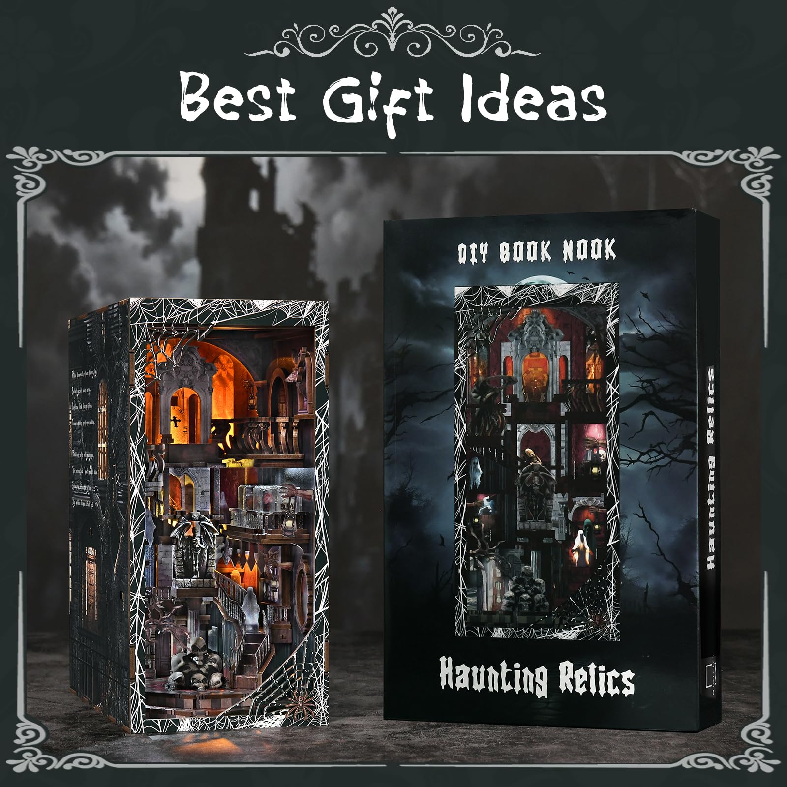 MiniCity Book Nook - Kit di costruzione 3D in miniatura per casa delle bambole con luce LED e protezione antipolvere – Haunting Relics