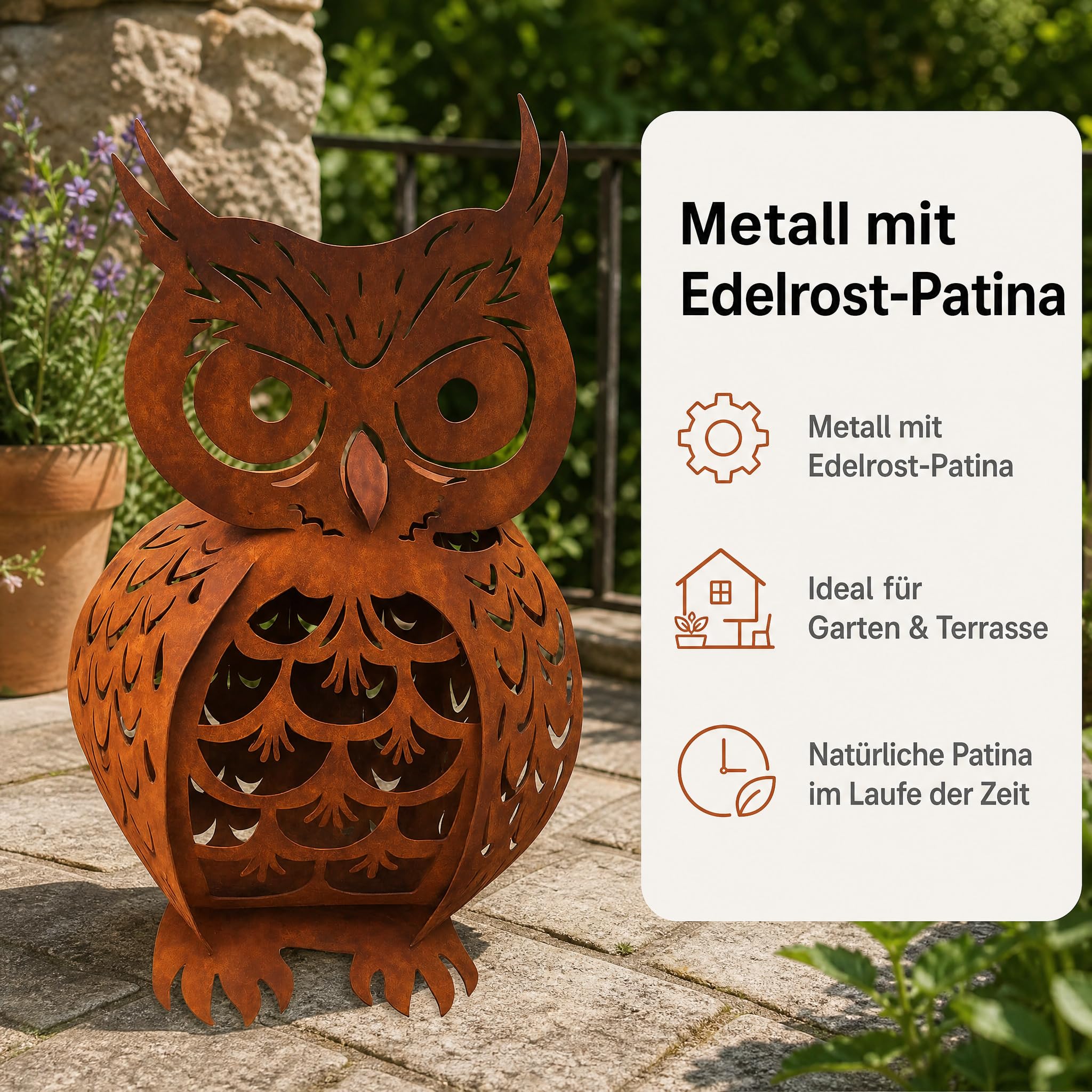 Gartendeko Rost – Eule aus Metall mit Edelrost-Patina, Filigrane Ausstanzungen, hohler Korpus für Lichtakzente, zum Hinstellen für Garten & Terrasse, 62 x 35 cm