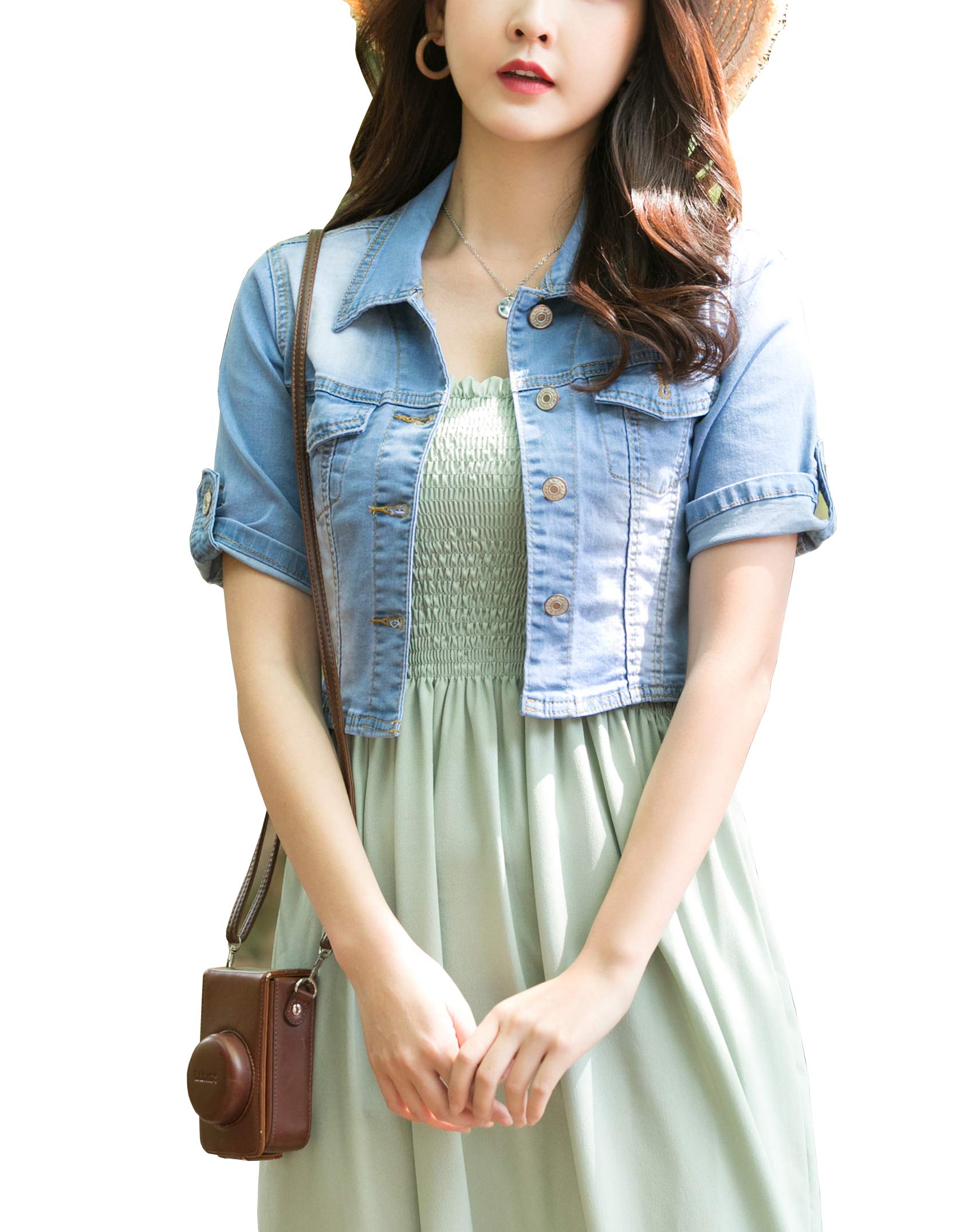 BlueFire2015Women Short Sleeve Denim Jacket Button Down Shawl Stretch Denim Jean Jacket