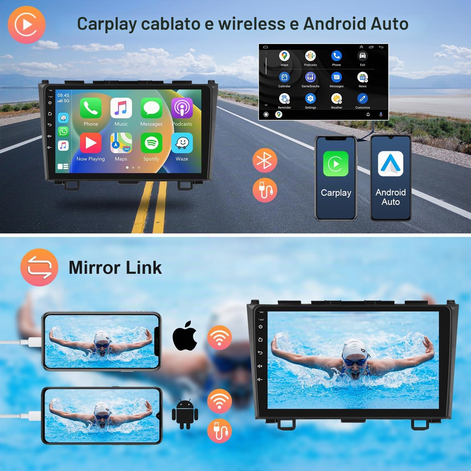 Hodozzy 2G 64G Android Autoradio per Honda CRV CR-V 3 RE 2007-2011 Radio Wireless Carplay Android Auto, Display 9 Pollici Touch Screen GPS WiFi Bluetooth FM RDS,Retrocamera 2 Din Stereo per Honda CRV