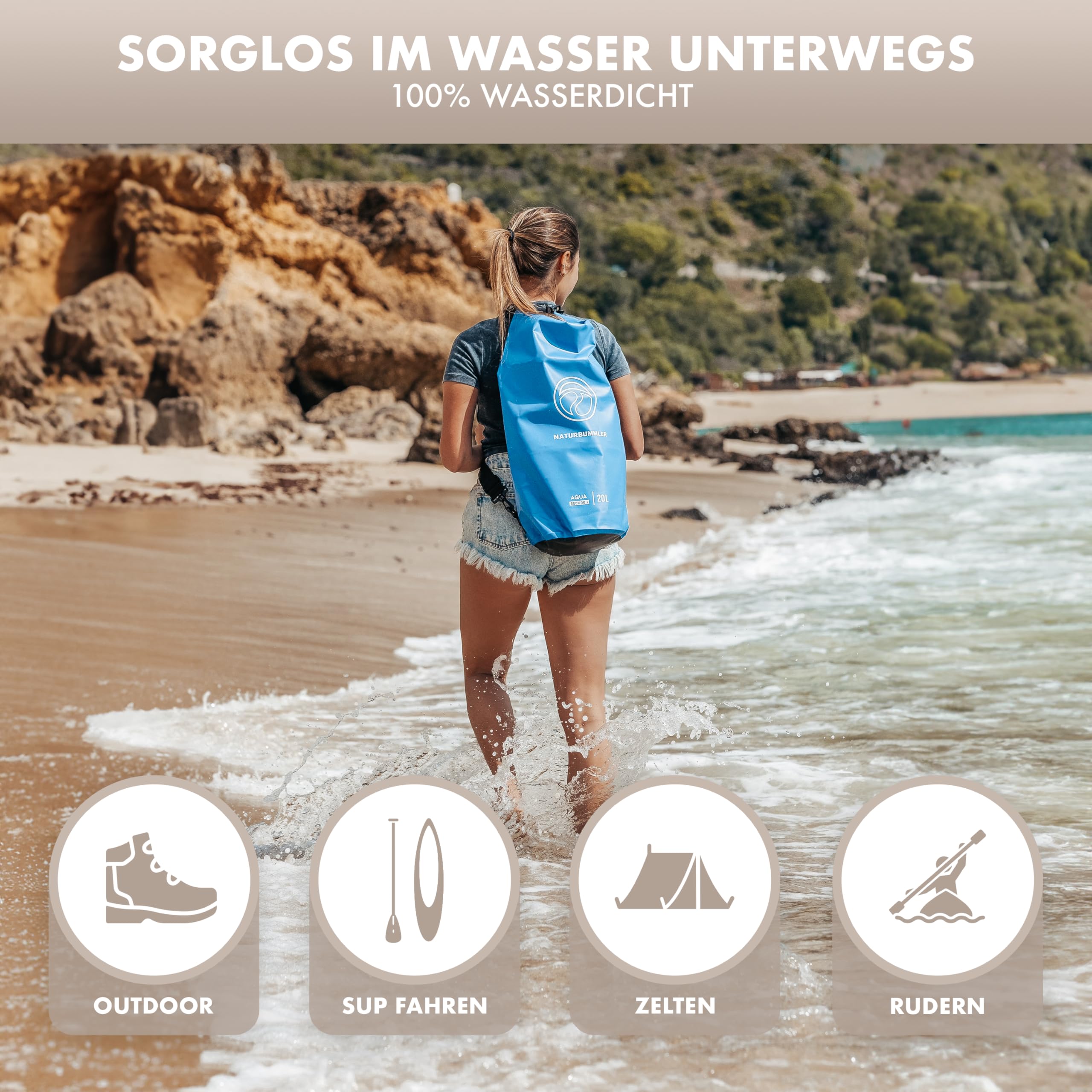 NATURBUMMLER Dry Bag 20L [Aqua Secure+] 100 % wasserdichte Tasche mit Schultergurt & Rucksackfunktion – wasserfester Packsack für SUP, Angeln, Camping & Outdoor – Drybag Beutel (Marineblau)