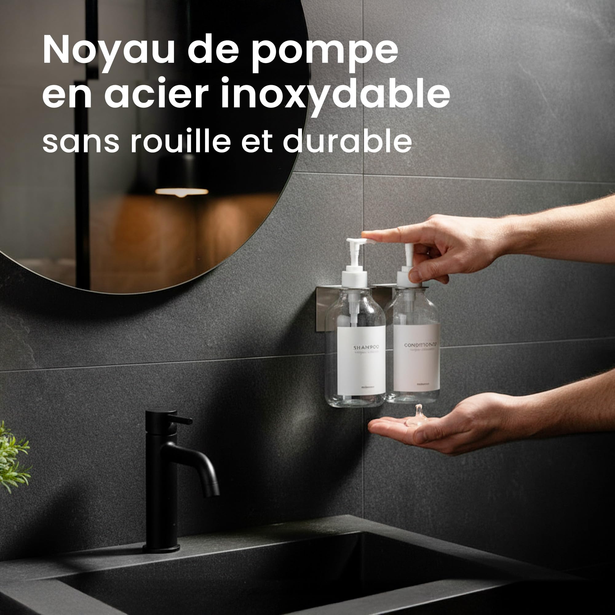 MaisoNovo Distributeur Savon Mural sans Percage Lot De 2-500ml Transparentes Distributeur Shampoing Et Gel Douche avec Pompes Blanche - Fixation Sécurisée