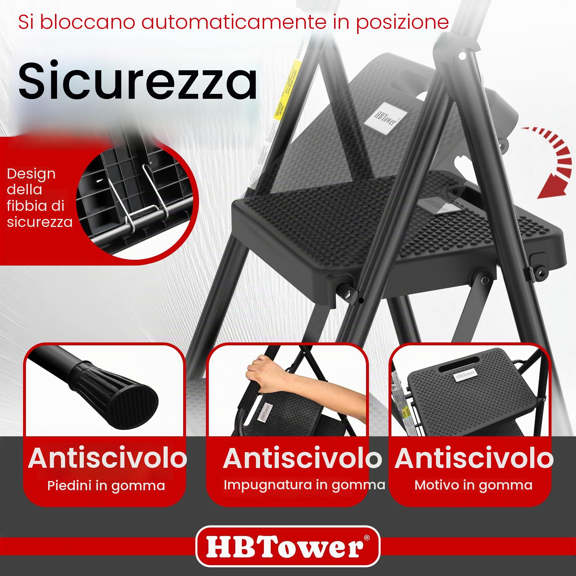 HBTower Scala 3 Gradini Pieghevole, Pedane Antiscivolo con Corrimano Confortevole, Scala Portatile in Acciaio, Nero