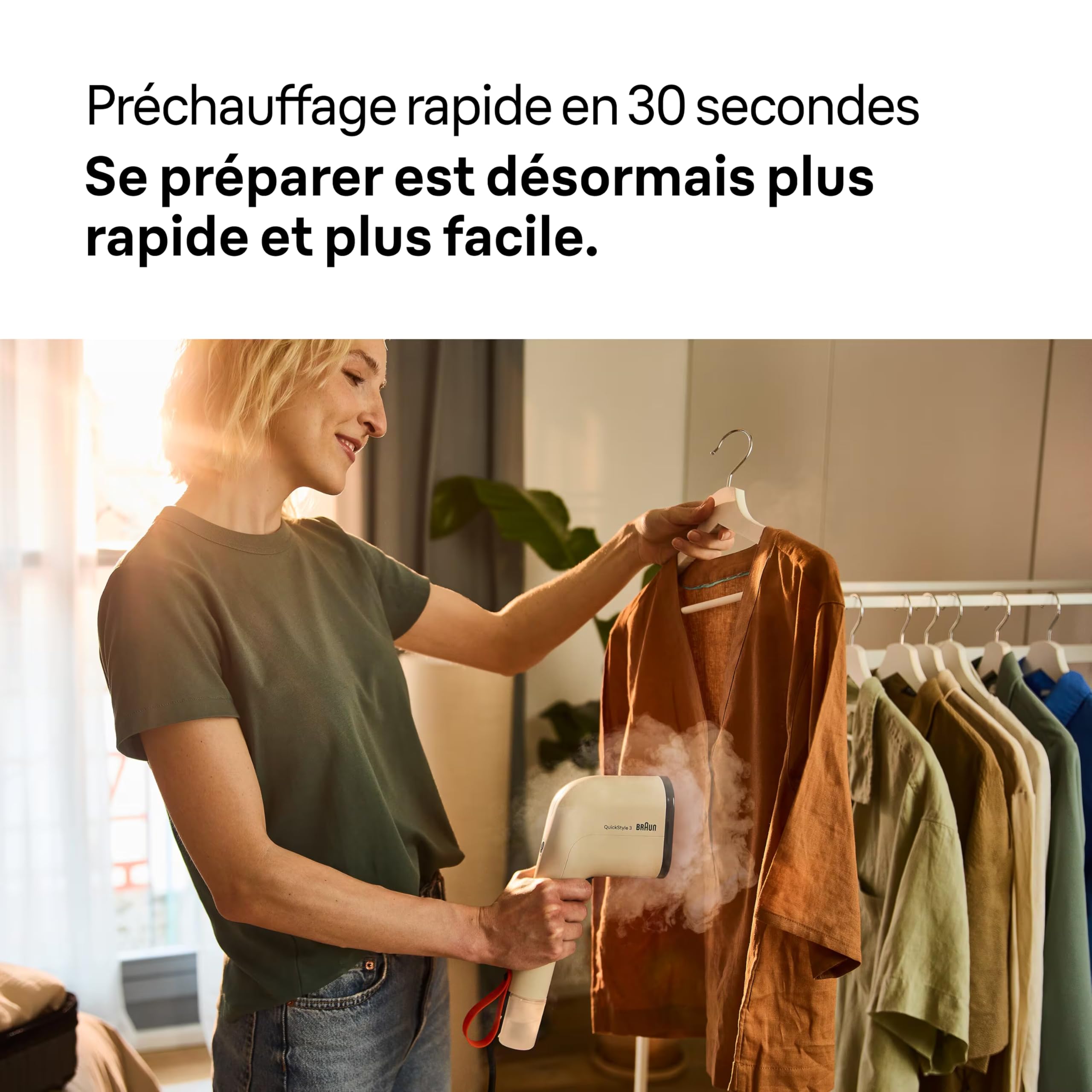 Braun QuickStyle 3, Défroisseur Vapeur Compact et Léger à Chauffage Rapide, Vapeur 20g/min, Réservoir Amovible de 70ml, Sac Résistant à la Chaleur, 1100W, Beige (GS3012BG)