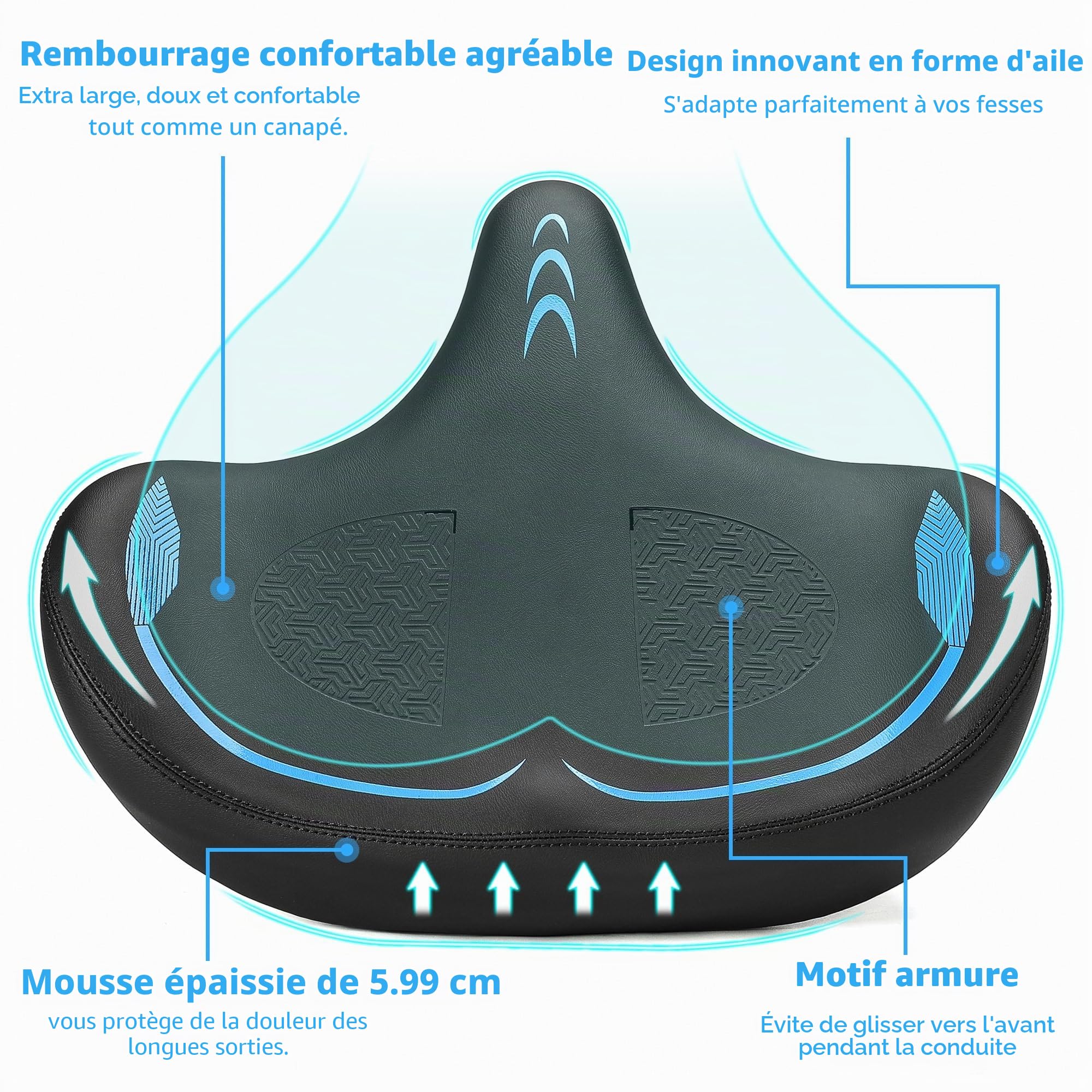 CDYWD Selle de Velo Ultra Confortable Homme et Femme - Extra Large, avec Suspension, Ergonomique Coussin d'ailes Selle Bike Life - Selle Confort Velo pour VTT, Vélo De Ville, Ebike, Vélo Stationnaire