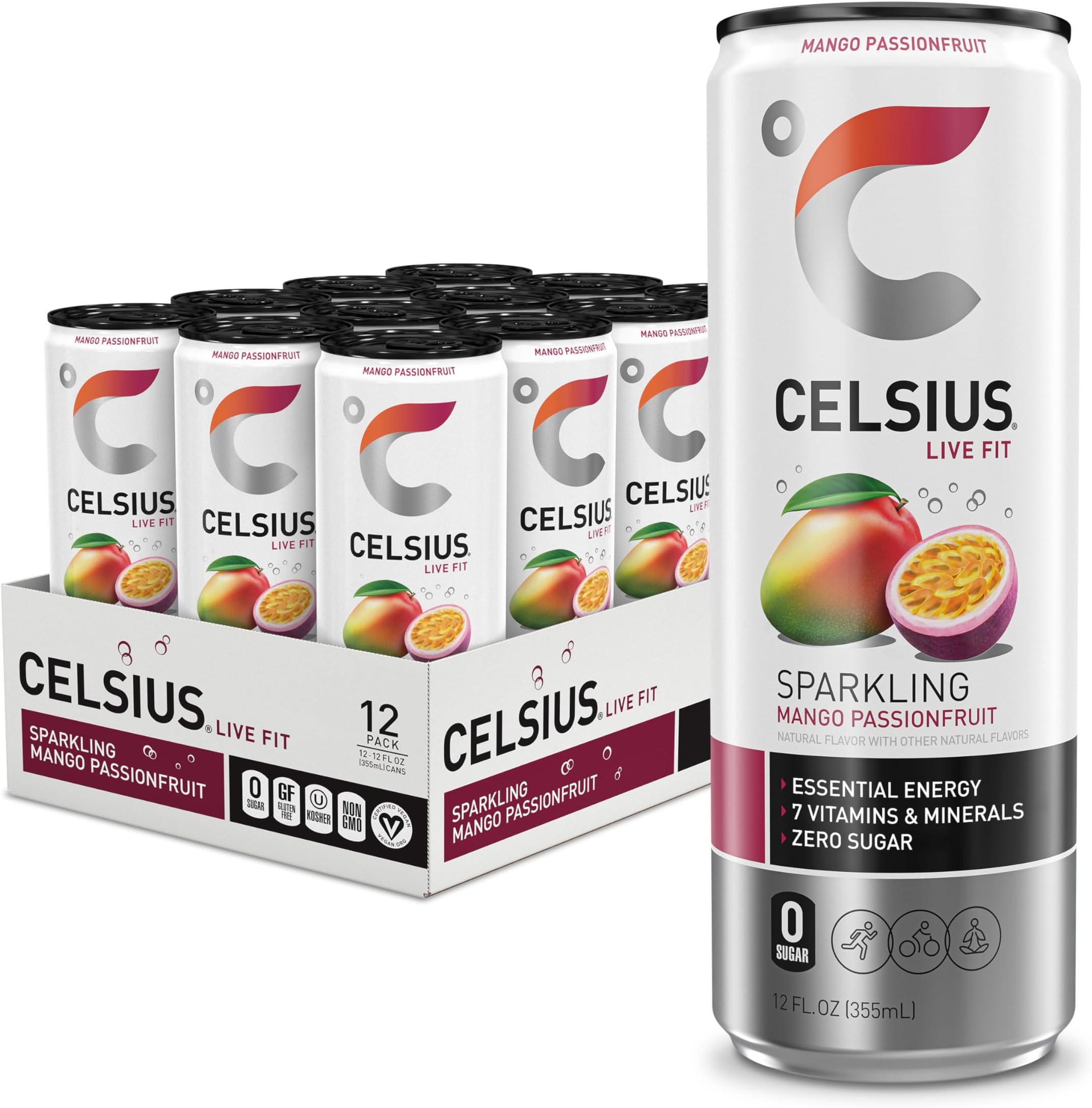 Sparkling Mango Passionfruit, Functional Essential Energy Drink 12 Fl Oz (Pack of 12), FGSS1253