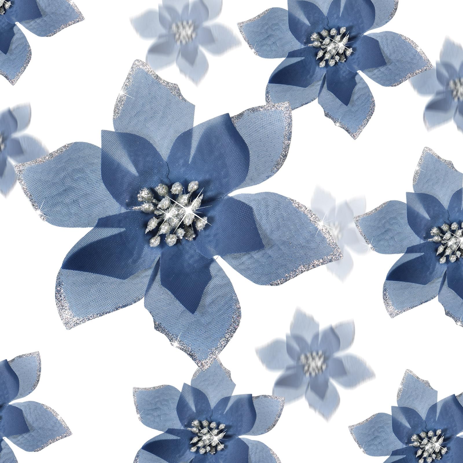 WILLBOND 24 Pieces 3 Size Christmas Glitter Poinsettia Flowers Wedding Faux Flowers Christmas Decoration Ornaments For Christmas tree New Year Home Outdoor Decoration (Gray blue,3.2/4/6 Inches)