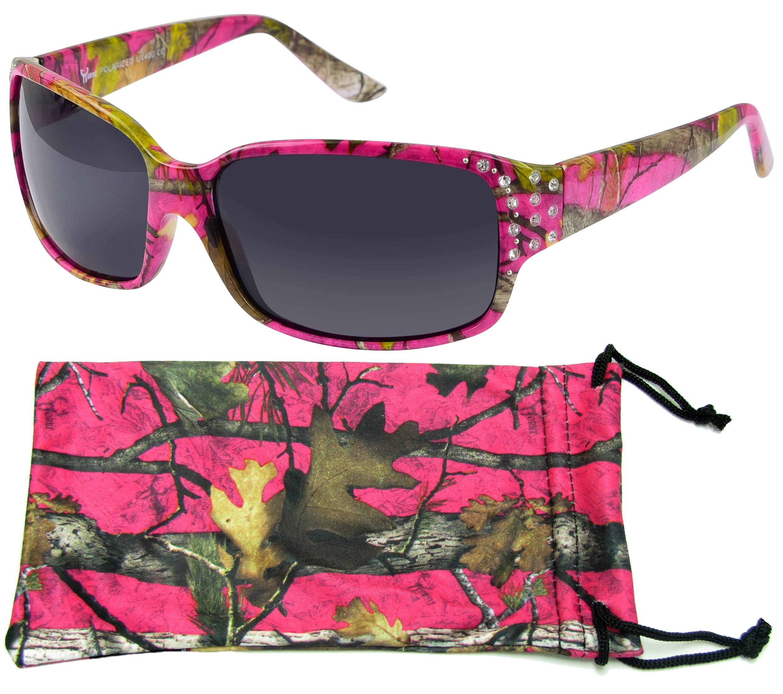 Polarized Hot Pink Camo Sunglasses for Women - Diamante - Free Matching Microfiber Pouch