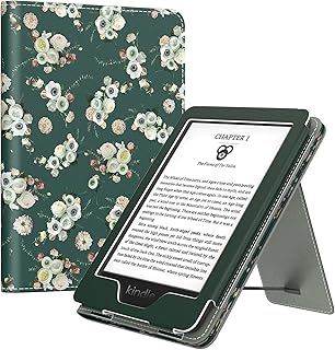 MoKo Case Fits All-new 6" Kindle(11th Generation, 2022 Release)/Kindle(10th Gen,2019)/Kindle(8th Gen, 2016), Ultra Lightweight PU Shell Cover with Auto Wake/Sleep for Kindle 2022, Flowers & Dark Green