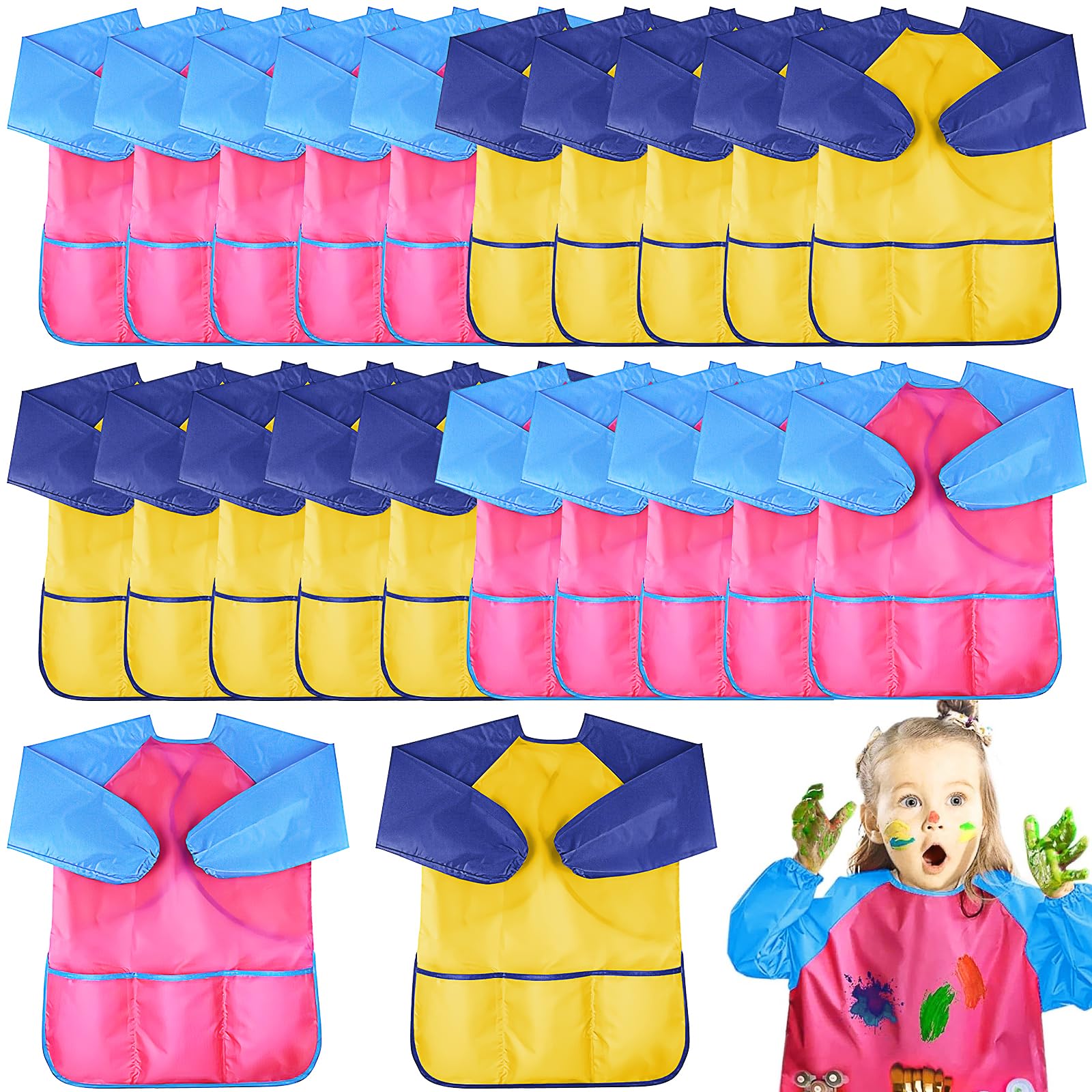 Lot de 24 Tablier Peinture Enfant 5-8 Ans, Blouse Peinture Imperméables | Tablier Cuisine à Manches Longues avec 3 Poches, pour École Activités Peinture Coloriage et Bricolage